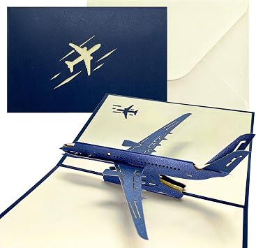 Life-Mate Plane Pop Up Card, 3D Popup Greeting Cards with Envelope Aircraft for Travel Birthday Graduation Gift Men Blue Airplane