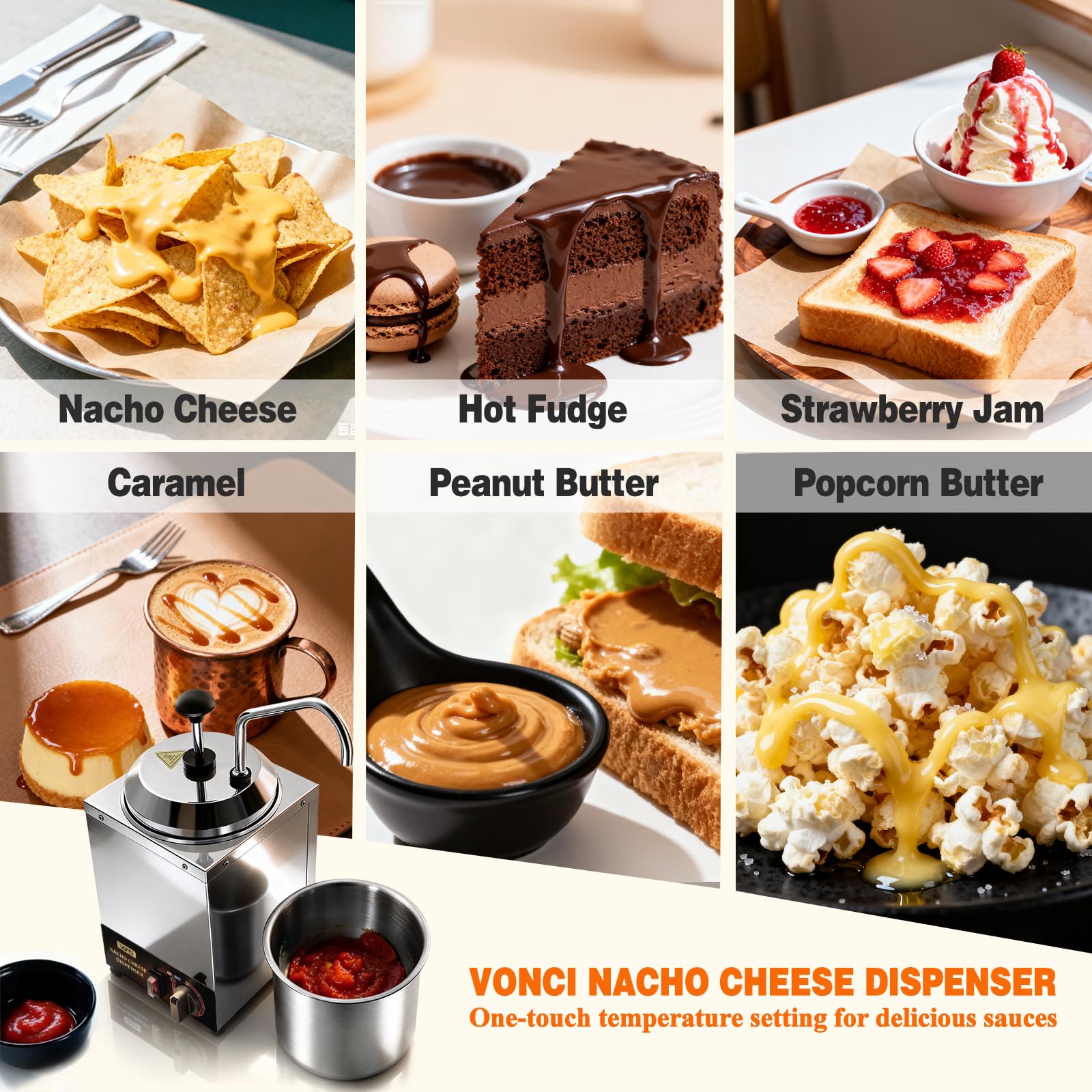 VONCI Dispensador de queso Nacho, calentador de queso Nacho de 2.8 cuartos de galón con bomba de acero inoxidable, dispensador de dulce caliente con control de temperatura de 6 niveles, dispensador de