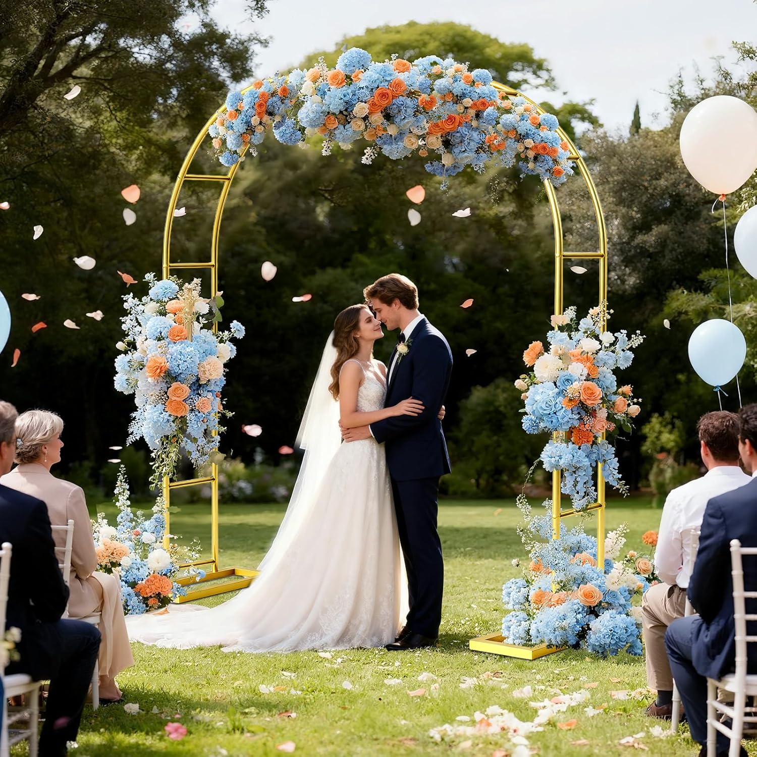 7.2ft metal garden arch trellis arbor, wedding arch stand with steel frame, metal pergola arbor with base for decor valentines day garden trellis climbing plant, bridal party ceremony 7.2 ft bright gold