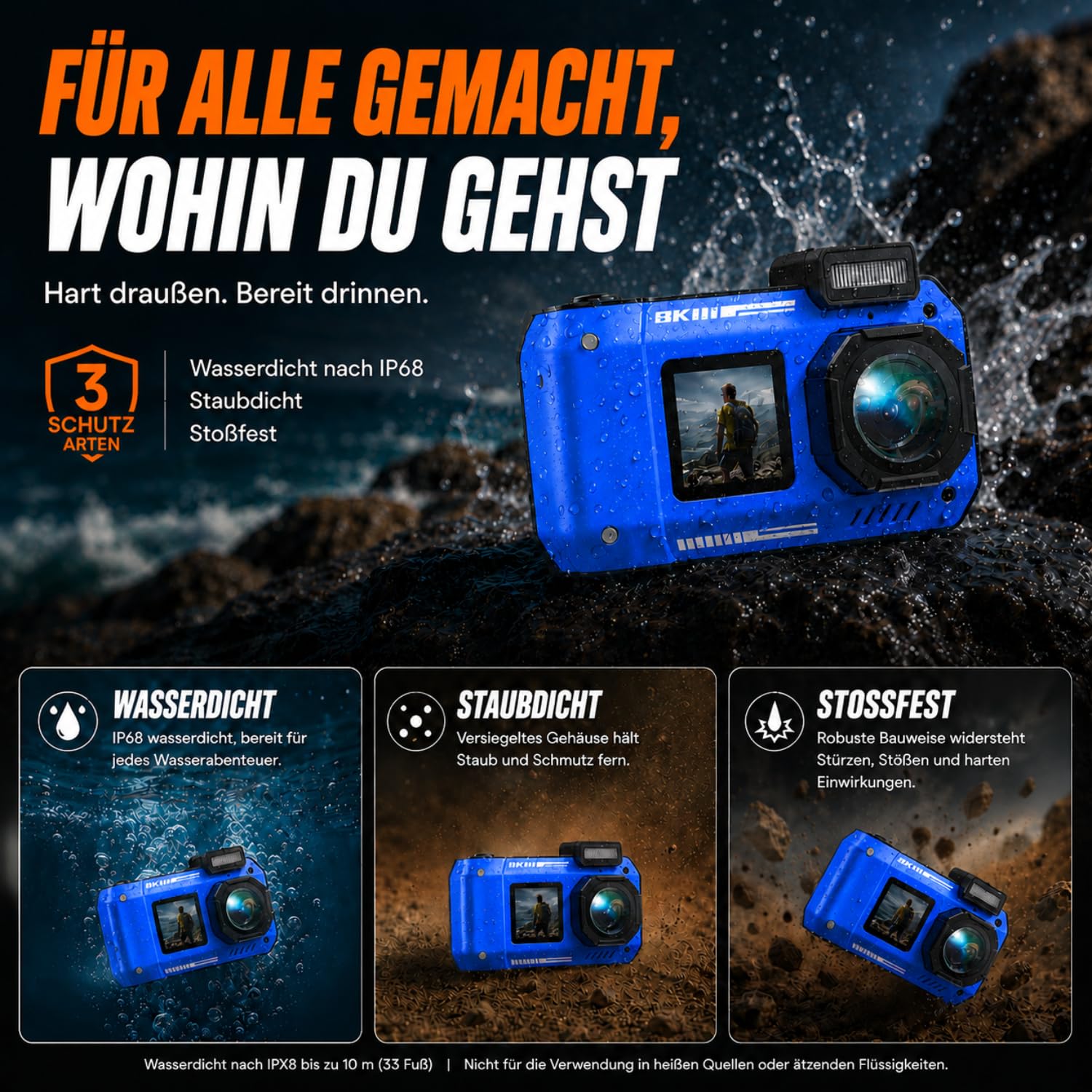 Maxmango D50 8K Unterwasserkamera,33FT wasserdichte Kamera mit 16GB Karte,2.8'' Dual-Screen Selfie Staubdichte, Stoßfeste Digitalkamera mit 2500mAh Batterie, 18X für Schnorcheln, Schwimmen und Urlaub