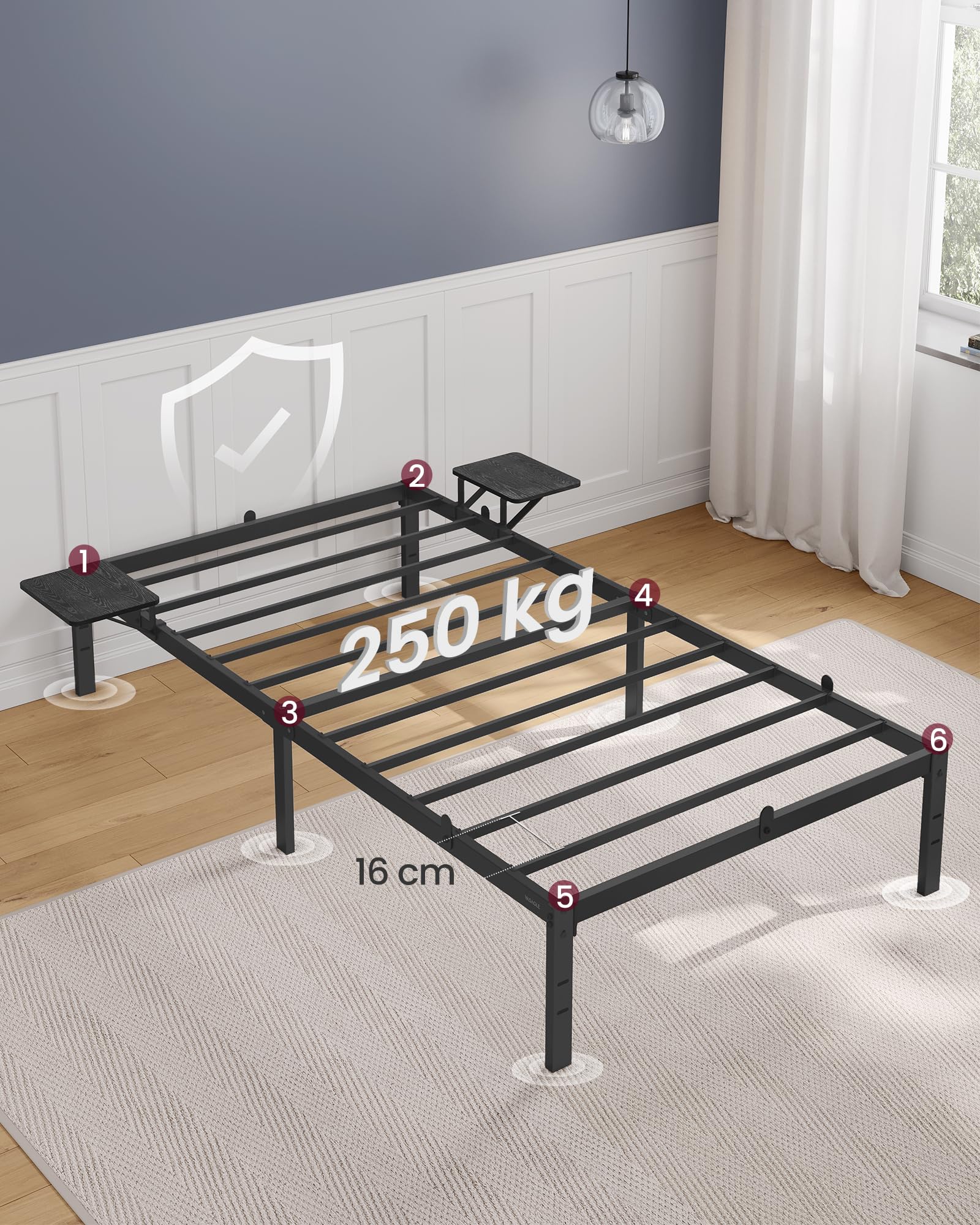 VASAGLE Cadre de Lit 90 x 200 avec Sommier Métal, Cadre en Métal avec Étagères de Rangement, Tête de Lit, pour Adolescents, Montage Facile, Noir Classique RMB092B01