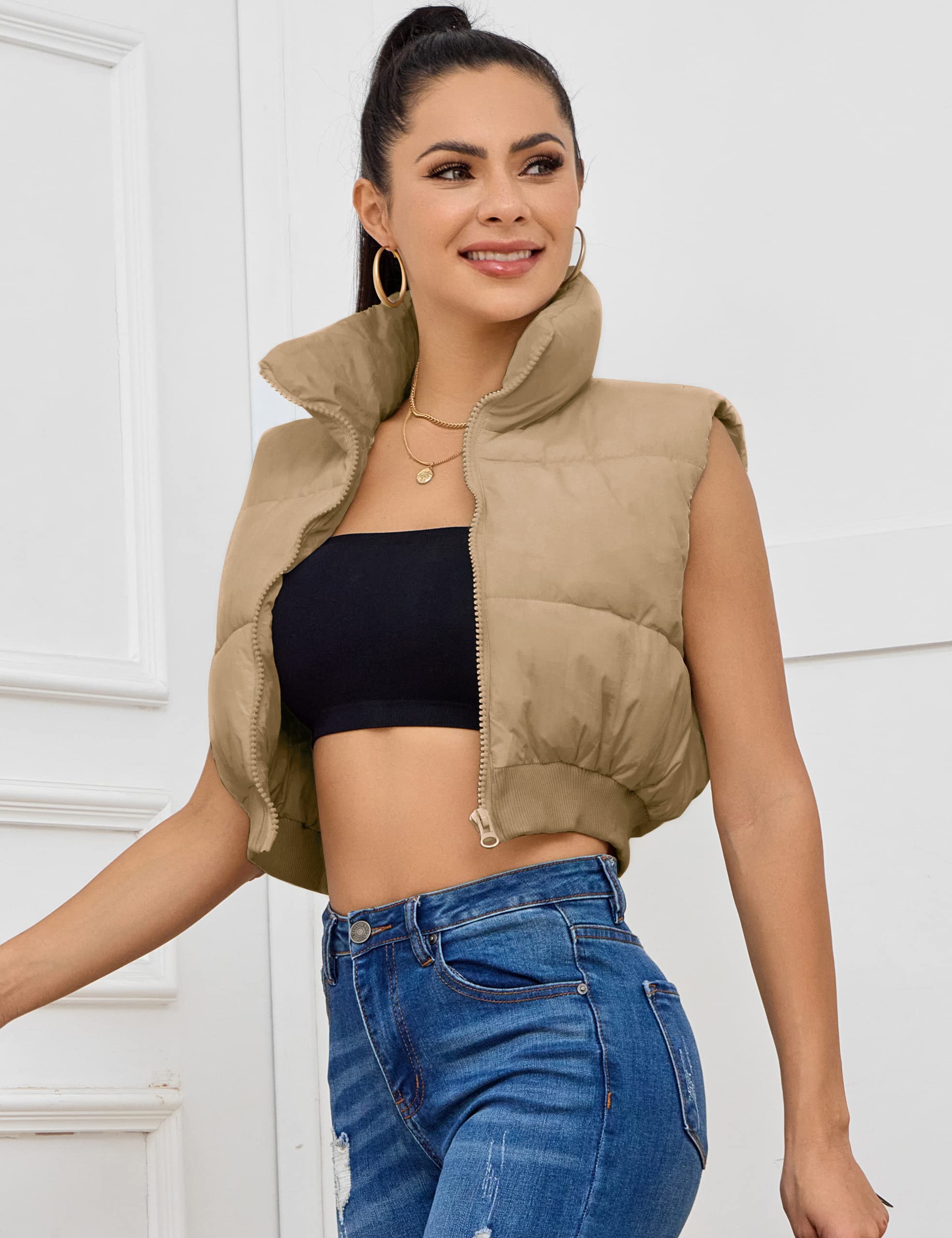Kissonic Women's Padded Down Vest Puffer Stand Collar Zip Up Crop Sleeveless Jacket