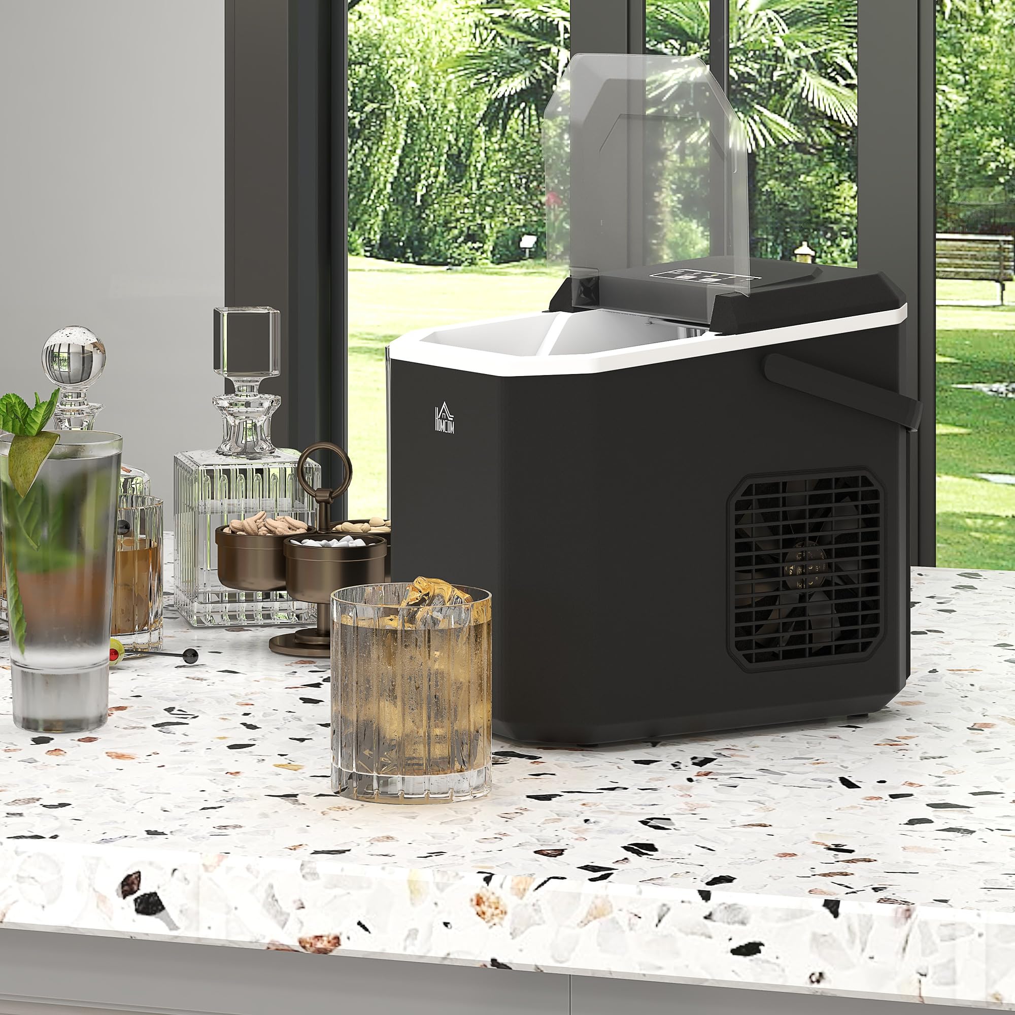 HOMCOM Machine à glaçons autonettoyante, 12kg en 24h, 9 glaçons en 6-13 minutes, ice maker Portable Avec Poignée, panier et pelle, pour la maison/cuisine/camping, noir