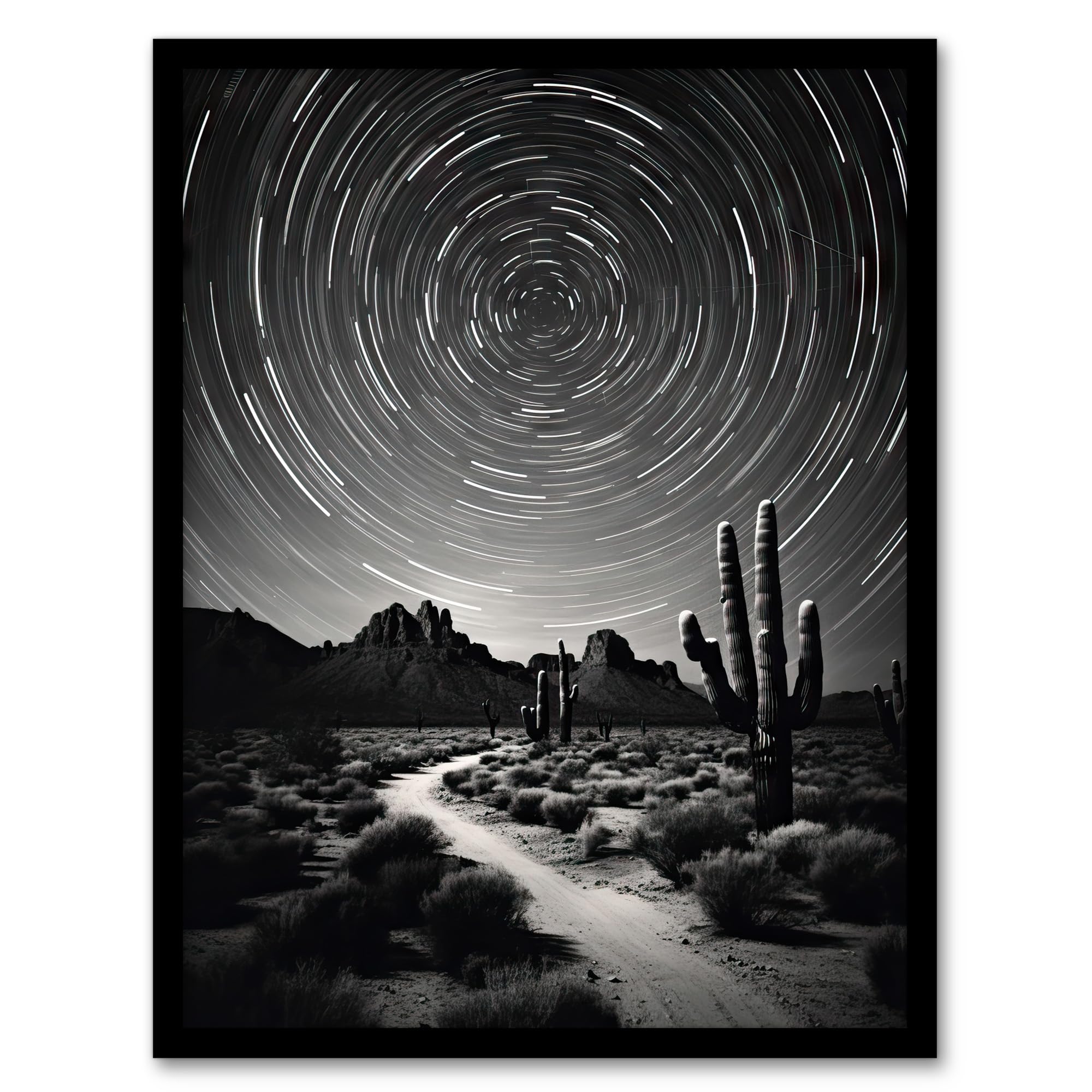 Artery8 Moon And Star Time Lapse Trails Stars Tracing Their Journey Across The Sky Desert Cactus Artwork Framed Wall Art Print A4