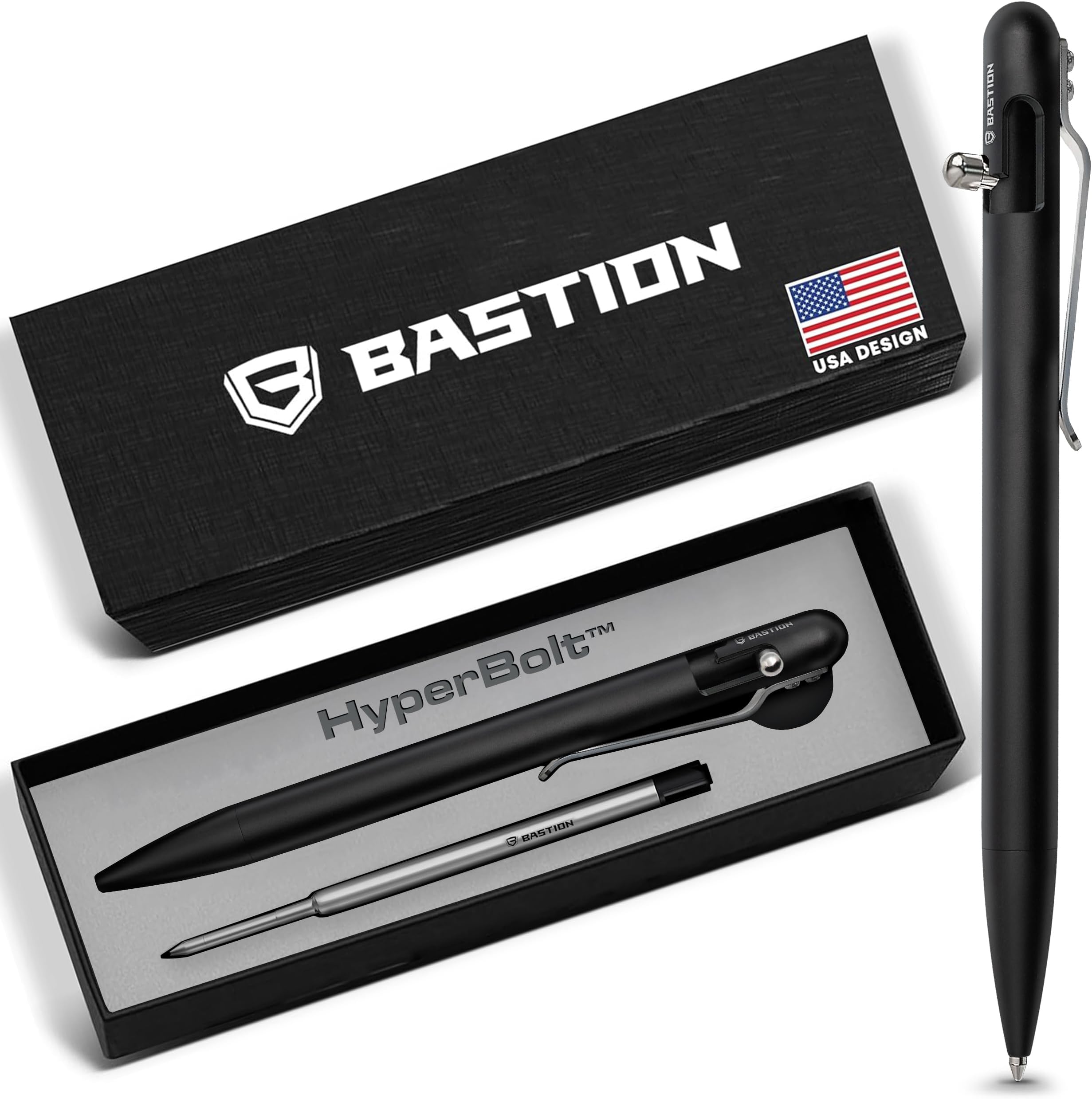 – BASTION Luxury Gift Pen Exclusive Hyperbolt™ Slim Aluminium Black Ballpoint, Executive Metal Writing Instrument, premium construction, ideal for professionals, perfect for office or personal use