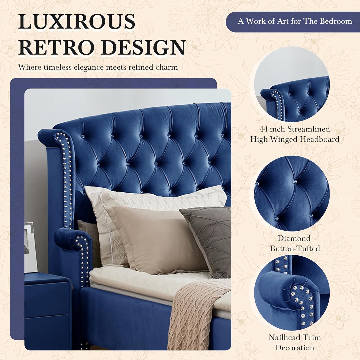Merax King Size Upholstered Velvet Bed Frame,Heavy-Duty Platform Bed with Wingback Headboard,Deep Diamond Button-Tufted and Nailhead Trim Decoration,No Box Spring Needed,Navy Blue