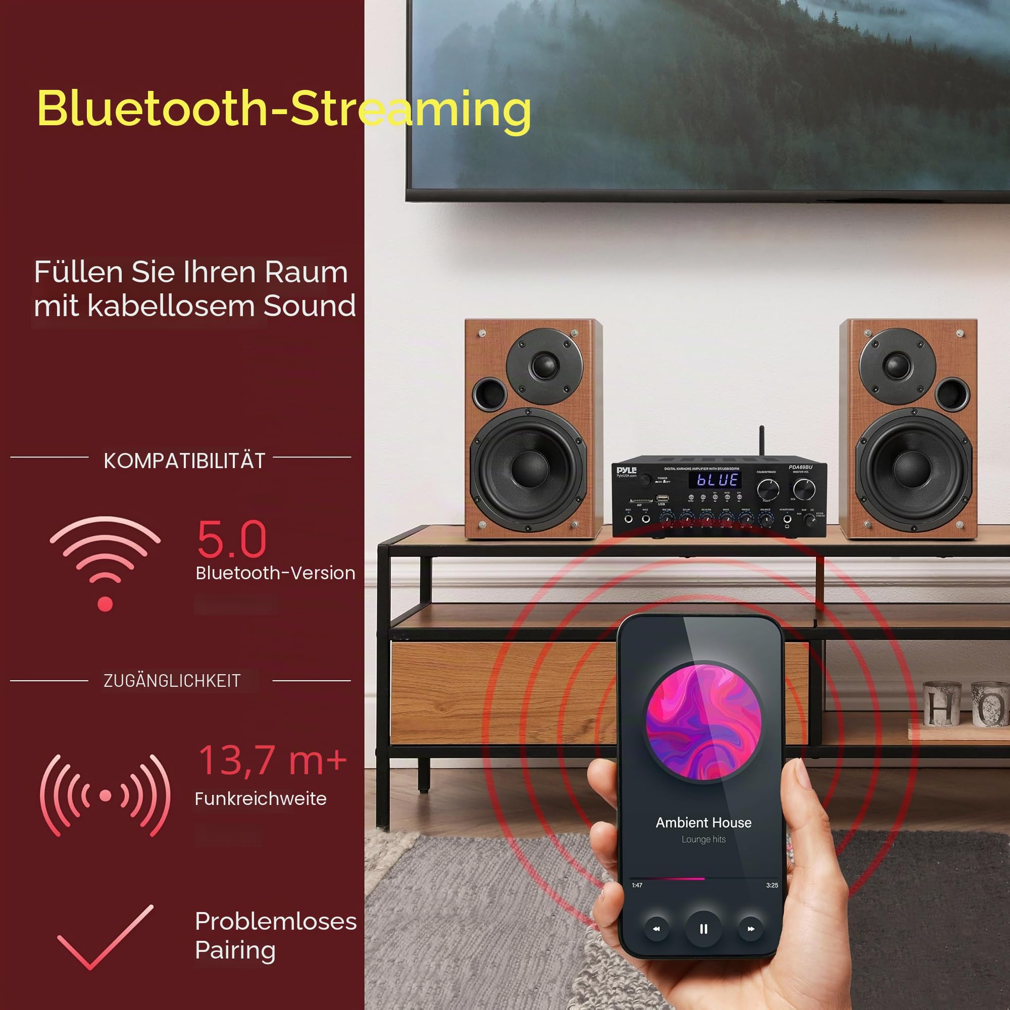 Pyle Stereo Amplifier Audio Receiver Sound System with Bluetooth Wireless Streaming, MP3/USB/SD/AUX/FM Radio