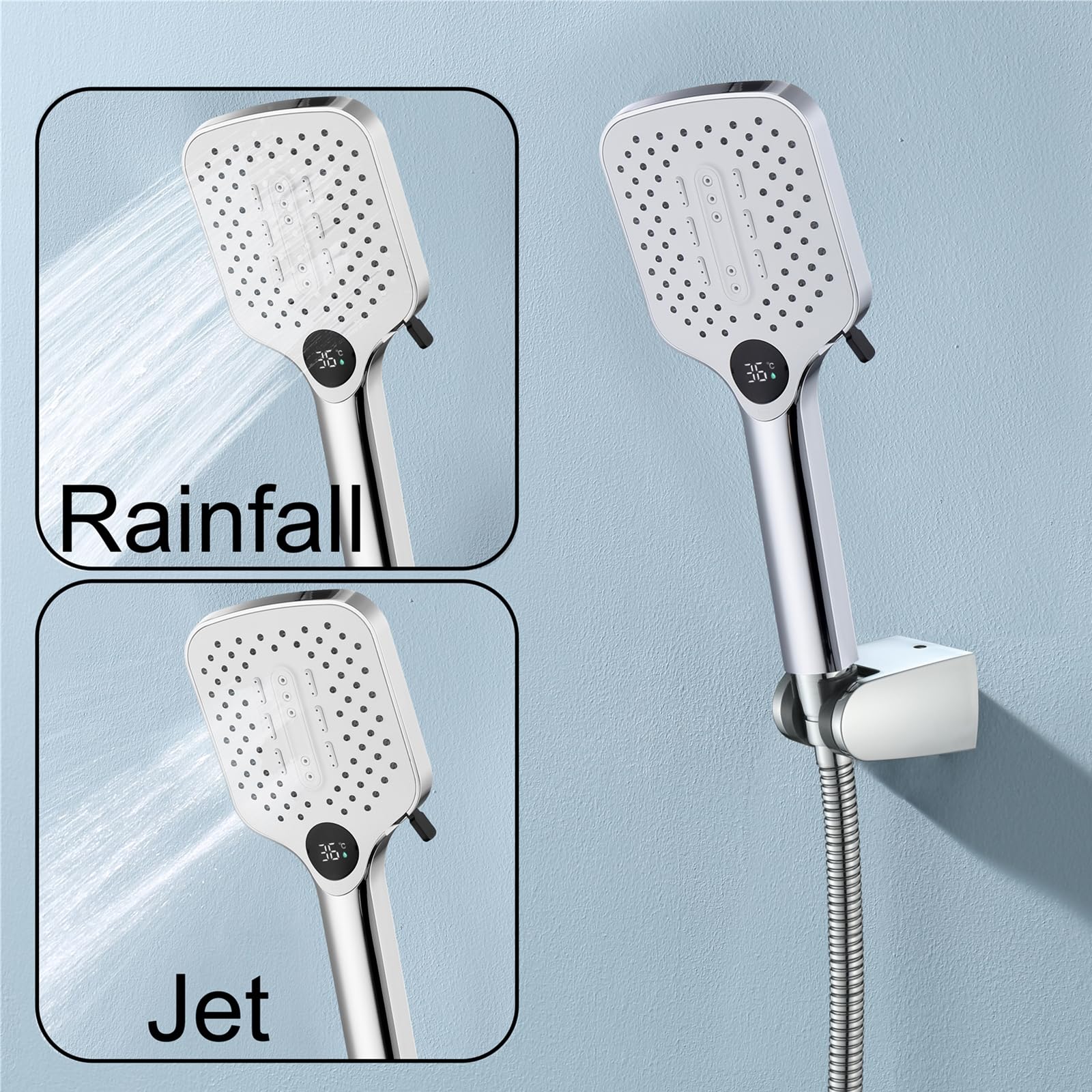 Cabezal De Ducha LED Con Pantalla De Temperatura,Ducha De Mano ABS Con 2 Modos,Ducha De Mano Ajustable Montada En La Pared Con Manguera De 59" Y Soporte De Ducha