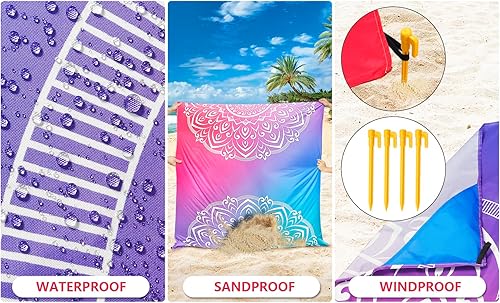 Miniatura 8 de HIHOHO Manta de playa, a prueba de arena, 79 x 83 pulgadas, para 1-3 adultos, impermeable, de secado rápido, tapete de picnic al aire libre con