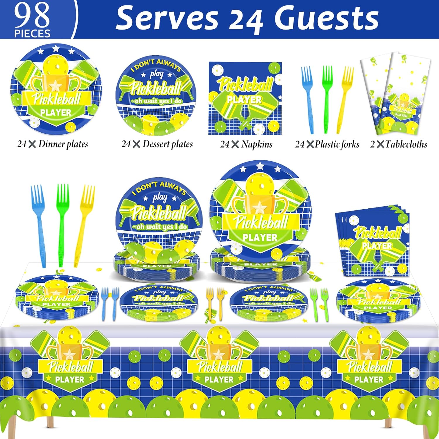 24 Guests Pickleball Party Decorations Supplies Pickleballs Party Tableware Set Pickle ball Player Themed Tablecloths Birthday Disposable Plates and Napkin for Baby Shower Brithday Decorations