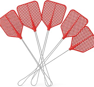 Fliegenklatsche, manuell, 43 cm, Griff aus Eisen, Flexible Schaufel aus rotem Kunststoff – Fliegenklatsche für Innen und Außen – gegen Fliegen, Mücken und Fliegende Insekten – Packung mit 5