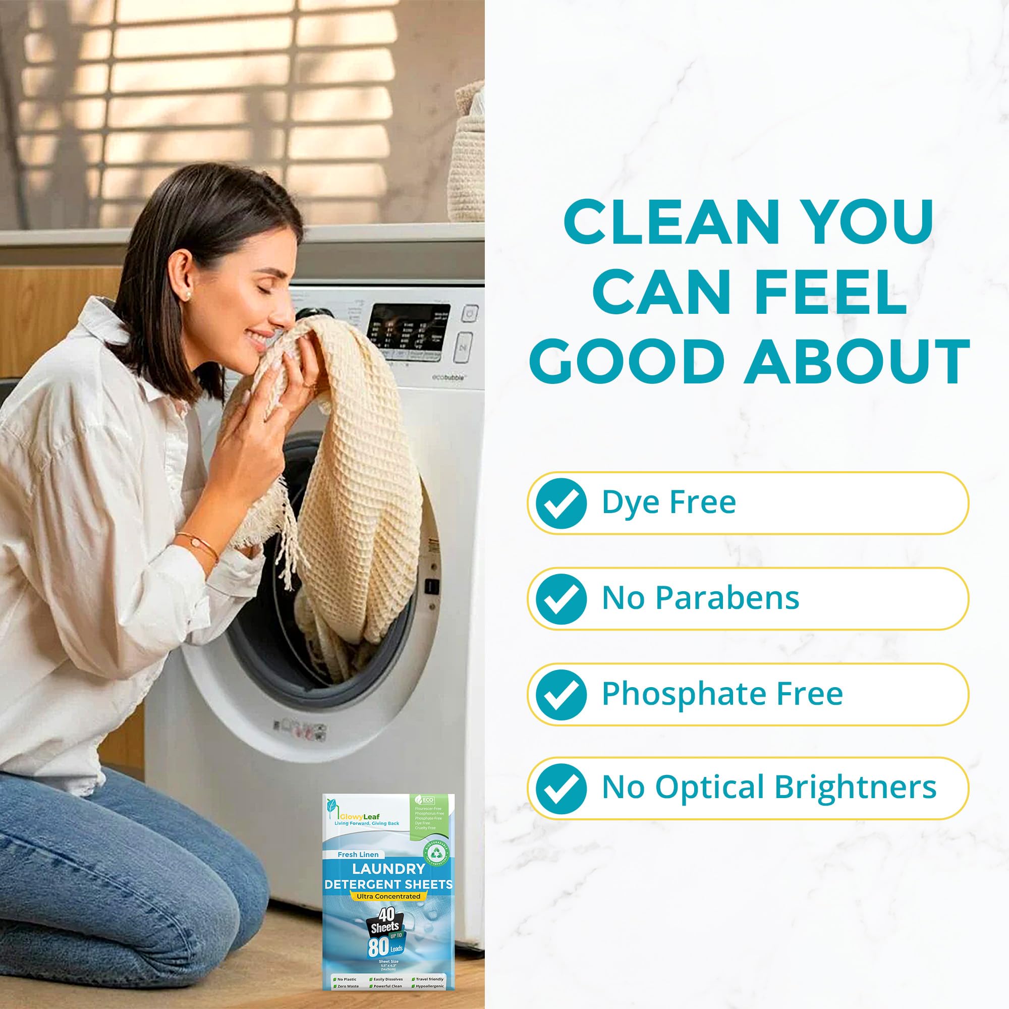 Hojas de detergente para ropa (lino fresco) – 80 cargas, sin jarra de plástico pesado, hojas de detergente concentrado fáciles de usar (ideal para viajes)