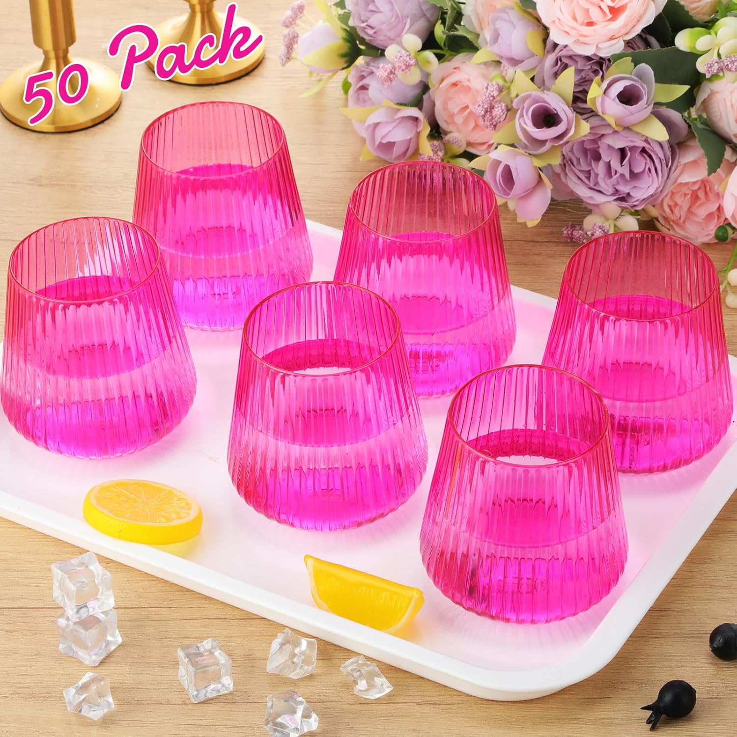 Suclain 50 Pcs Plastic Wine Glasses Ribbed Stemless Wine Glasses 14oz Vertical Design Unbreakable Cups for Outdoor Indoor Vintage Elegant Champagne Whiskey Cups for Party Wedding (Hot Pink) - Image 7