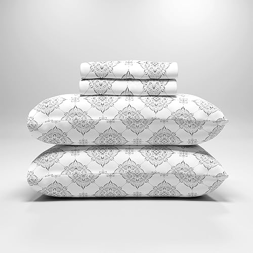 Color Sense Sábanas ricas de algodón percal para hotel, sábanas de tamaño Queen color gris damasco, resistentes a las arrugas, cepilladas para mayor