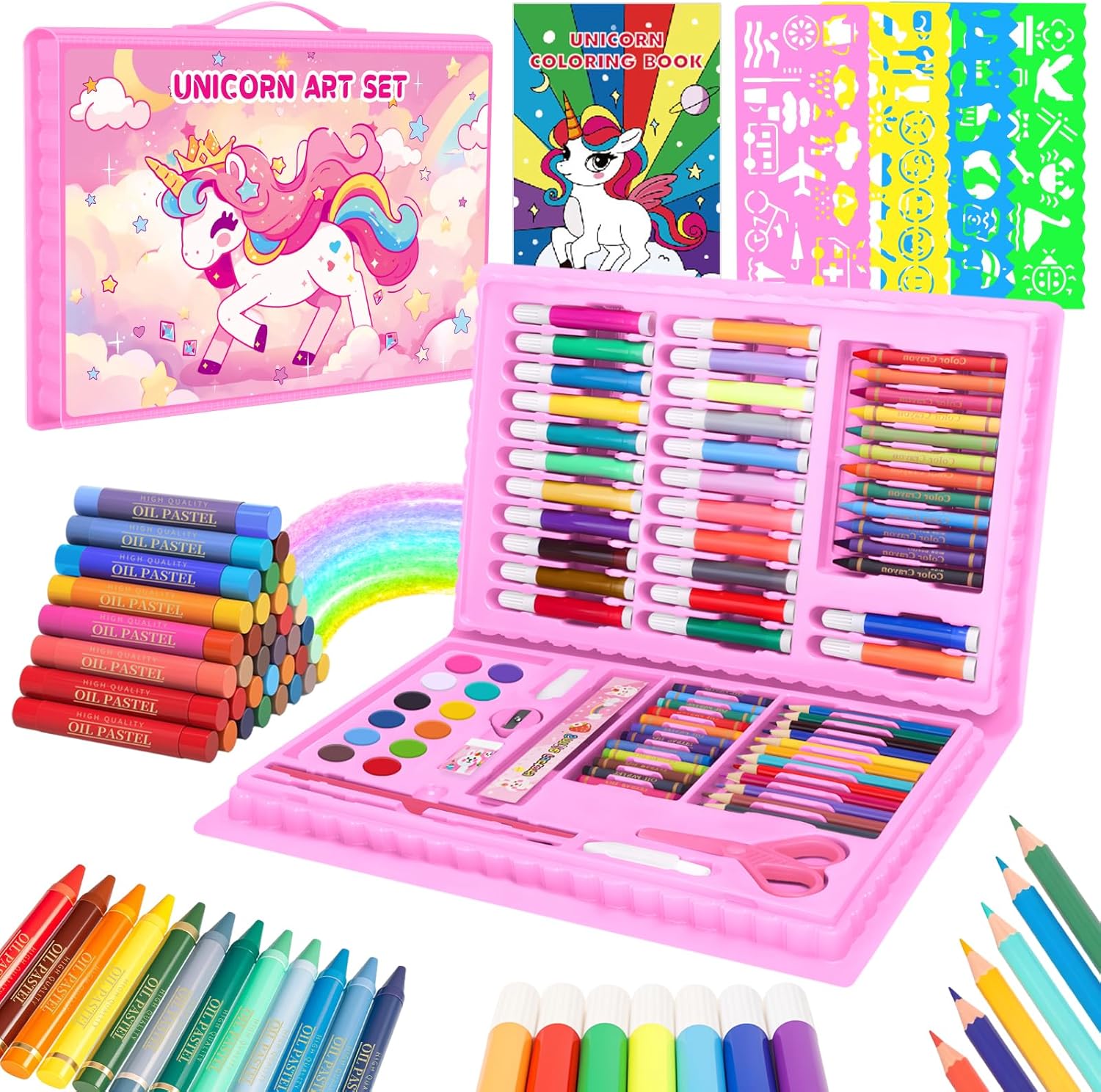 HOMICOZY Unicorn Art Supplies Kit for Kids 4-10: Markers, Crayons, Colored Pencils, Watercolors, Stencils in Portable Case - Girls Boys Gift