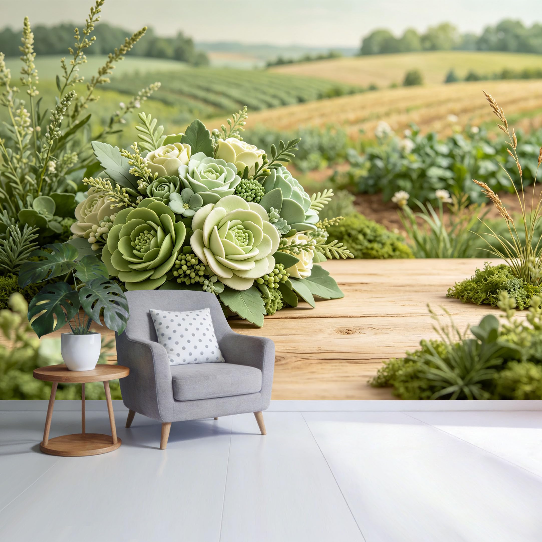Custom Size Wall Mural Botanical Green Succulent Bouquet Countryside Landscape Farmhouse Style SelfAdhesive Wall Fabric Removable Wallpaper for Home Office Decor