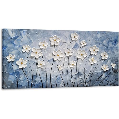 YHSKY ARTS Floral Canvas Wall Art Hand Painted Blue and White Heavy Textured Painting Modern Abstract Flower Pictures Contemporary Artwork for Living Room Bedroom Office Decoration