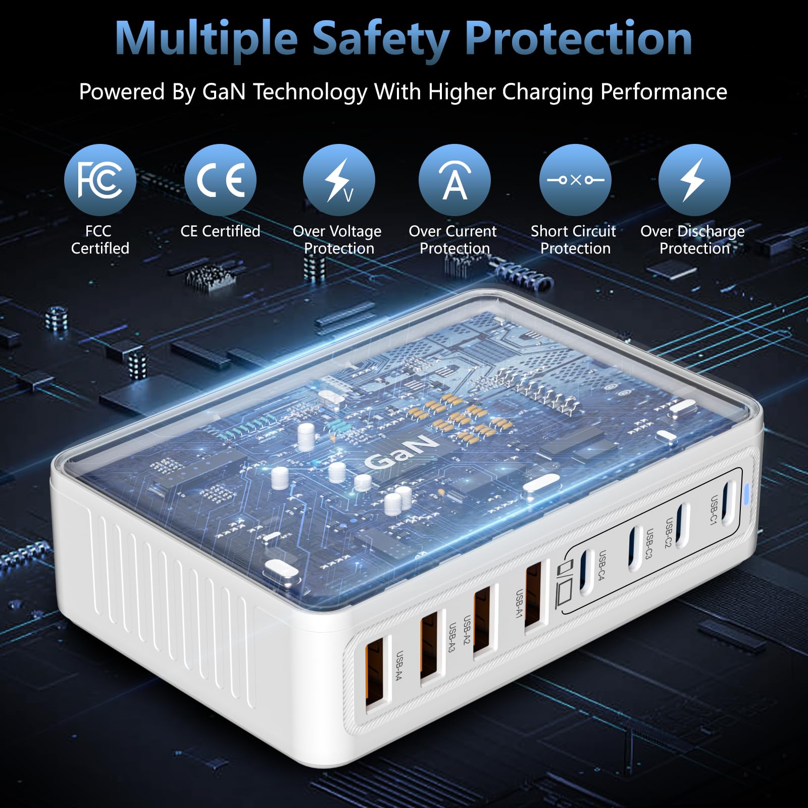 Bloque de carga USB C de 200 W, GaN III de 8 puertos, adaptador de carga rápida PD de 65 W para laptop compatible con todos los MacBook Pro/Air/iPad, DELL, iPhone /1716/15/14/13/Pro Max/Galaxy Pixel