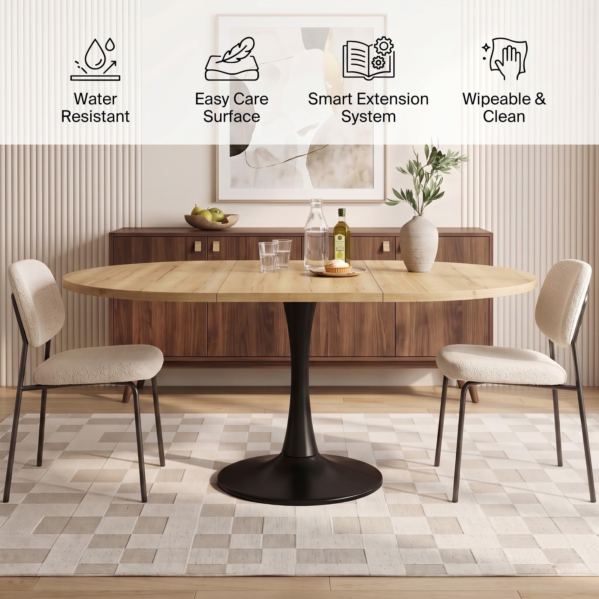 Table de salle à manger ronde extensible ovale pour 4 à 6 personnes, 100 à 140 cm, table de cuisine moderne en bois, convient pour cuisine, salle à manger et salon (couleur chêne, pieds