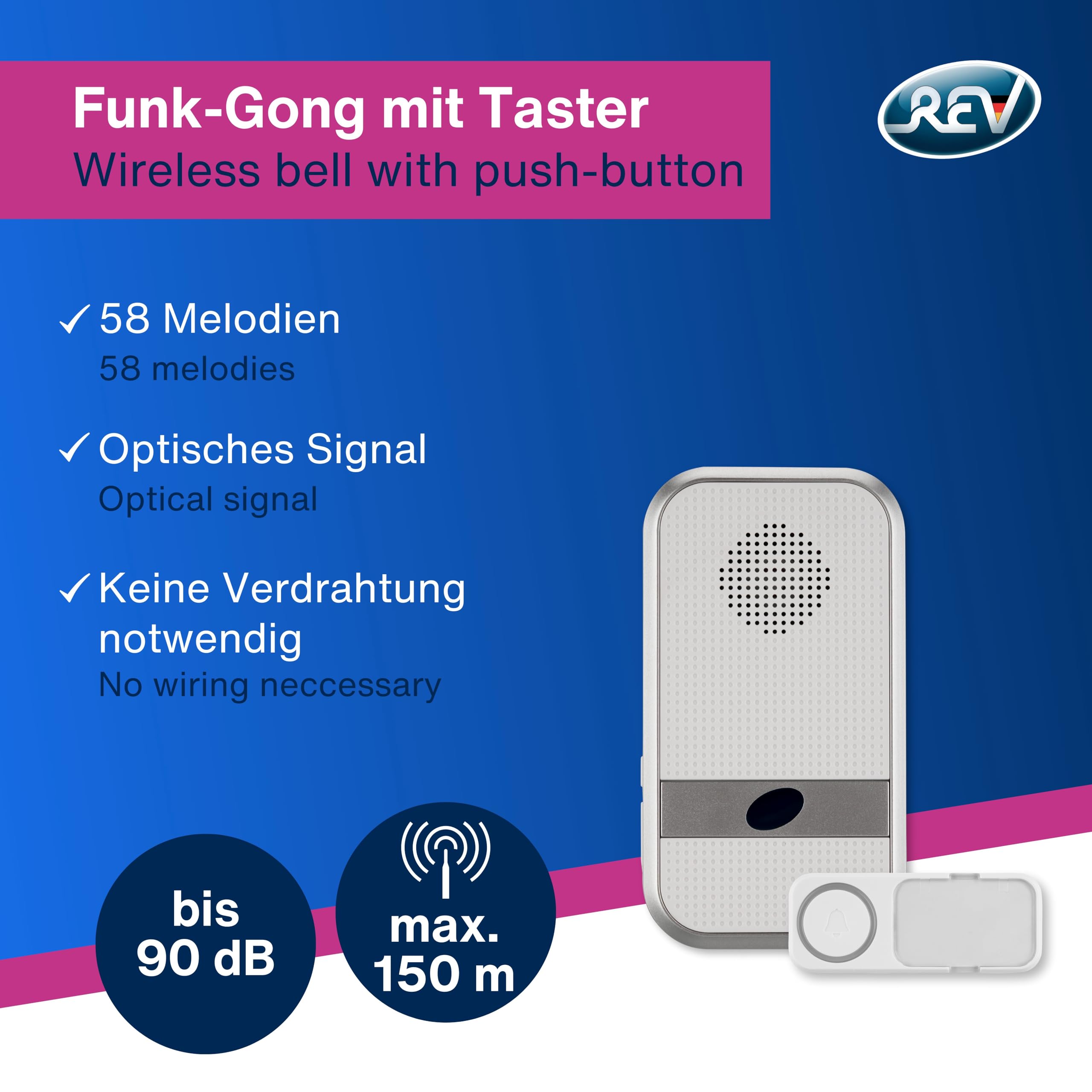 REV Funkklingel - Türgong Set Orchestra drahtlos, 150m, 90dB, Funkgong 230VAC und Klingeltaster, weiss