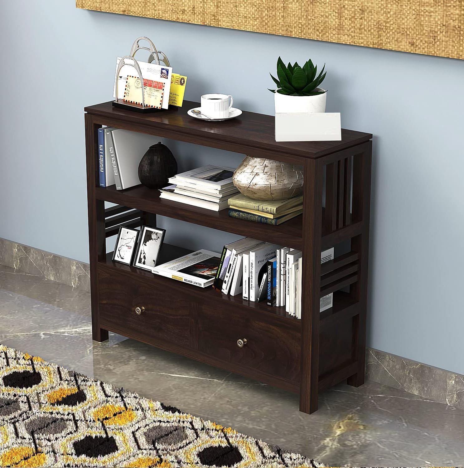 Solid Wood Bookshelf with Storage Drawers | Open Bookcase Display Rack for Living Room, Bedroom & Home Office (Walnut Finish)-image-26