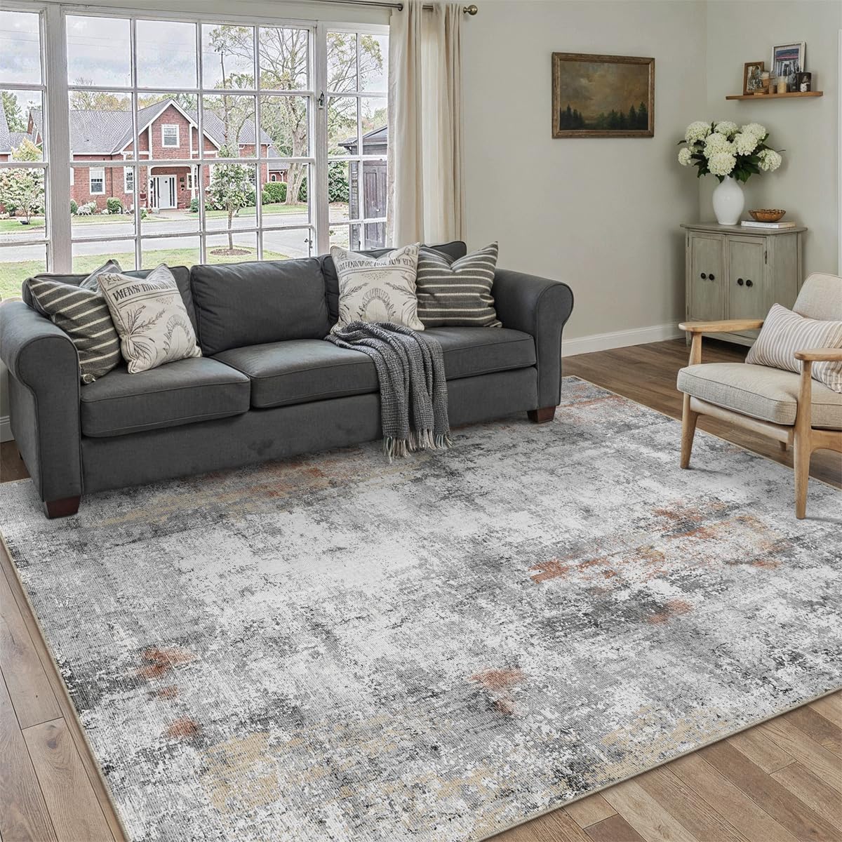 WondRg 6x9 Washable Area Rug Rust Grey Abstract Non Slip Soft Low Pile Rug for Living Room Bedroom Dining Room Office Neutral Modern Indoor Throw