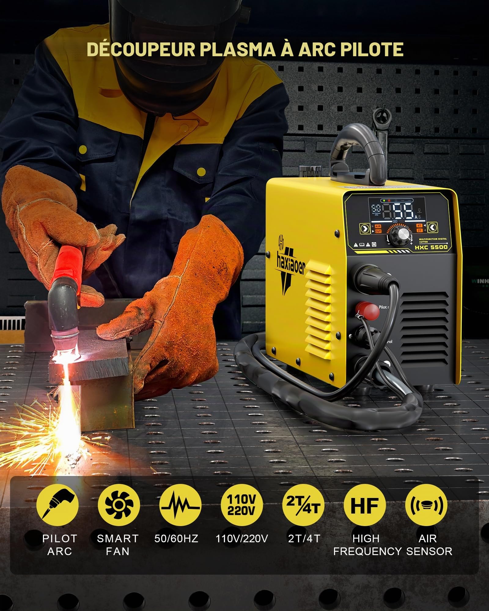 HAXIAOER HXC550D Découpeur Plasma 55A, 230v ARC Pilote Sans Contact Decoupeur Plasma, Affichage LED, 2T/4T/PT, Coupe Maximale de 18mm