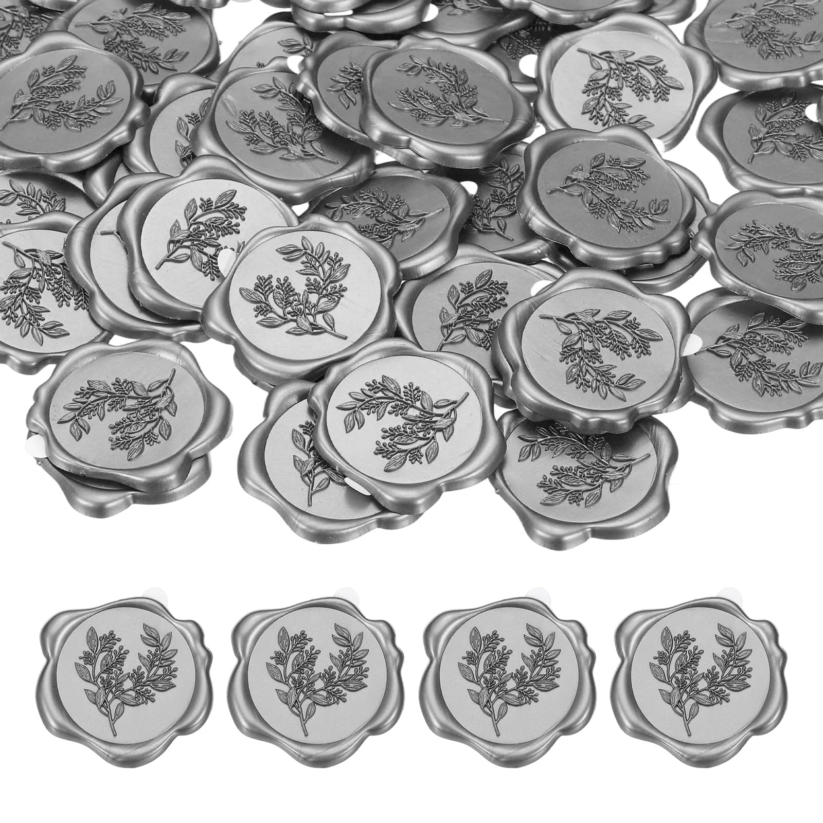 PATIKIL 50Pcs Eucalyptus Leaf Wax Seal Stickers, Plant Embossed Self Adhesive Backed Envelopes Seal Sticker Accessories for Wedding Invitation Letter Birthday Party Gift, Silver