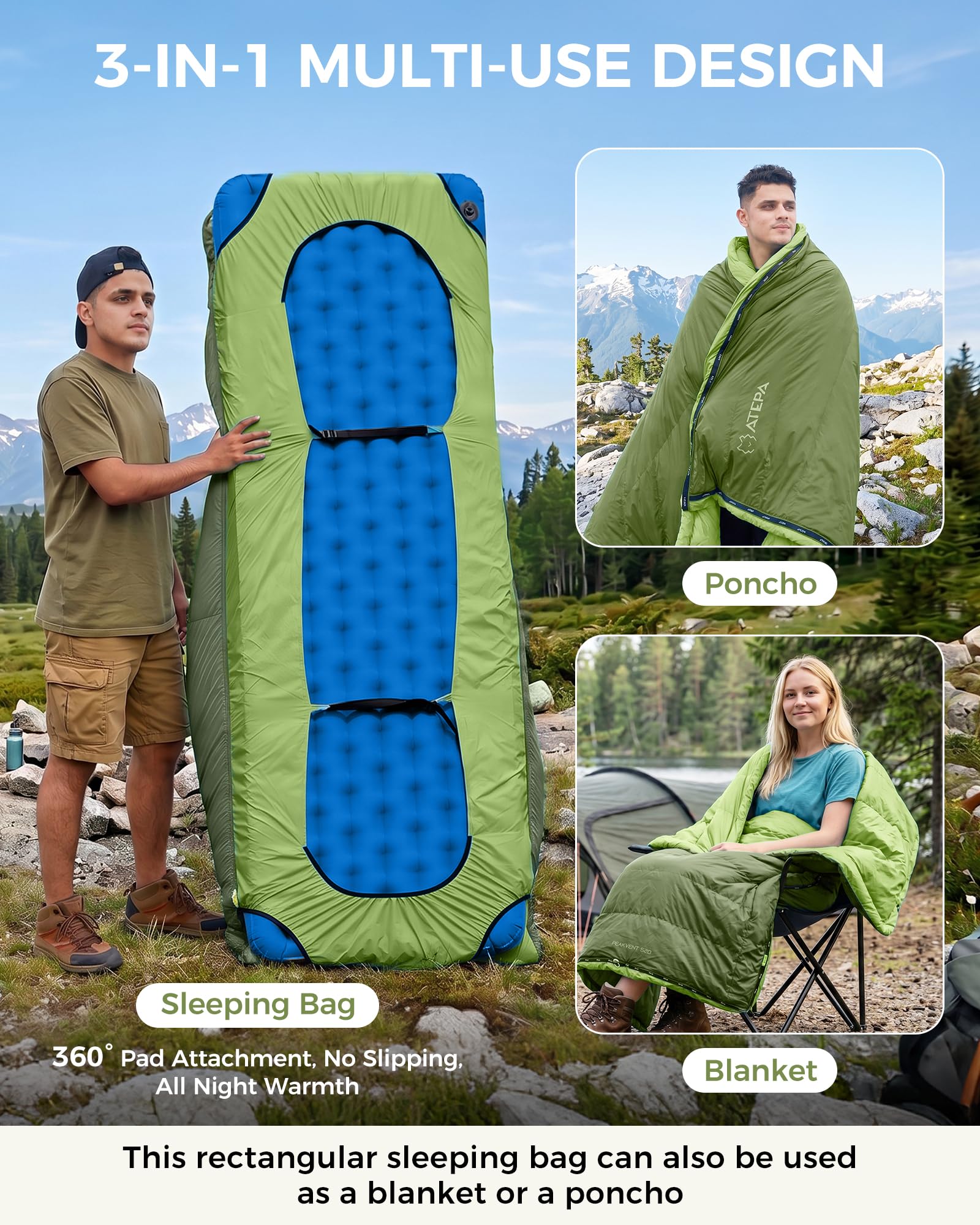 ATEPA 3-in-1 650FP Down sacco a pelo, spazioso ecologico impermeabile campeggio zaino zaino a pelo con sacco a compressione
