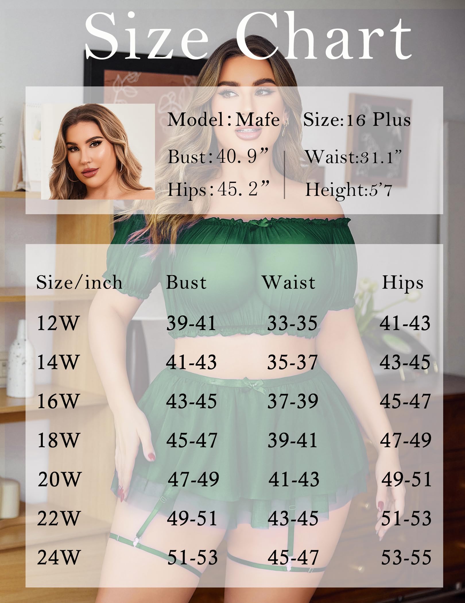 Avidlove Plus Size Garter Lingerie Set Mesh Ruffle Cosplay Lingerie with Mini Skirt 3 Piece Lingerie Set: Green 24 Plus