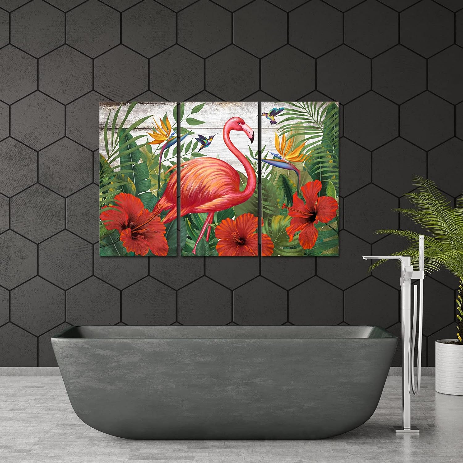 Red Tropical Paintings on Canvas Set of 3 Hibiscus Flamingo and Green Palm Leaves Picture Large Rustic Hawaii Artwork for Living Room Bedroom Wall Decor Ready to Hang 16"x32"x3pcs