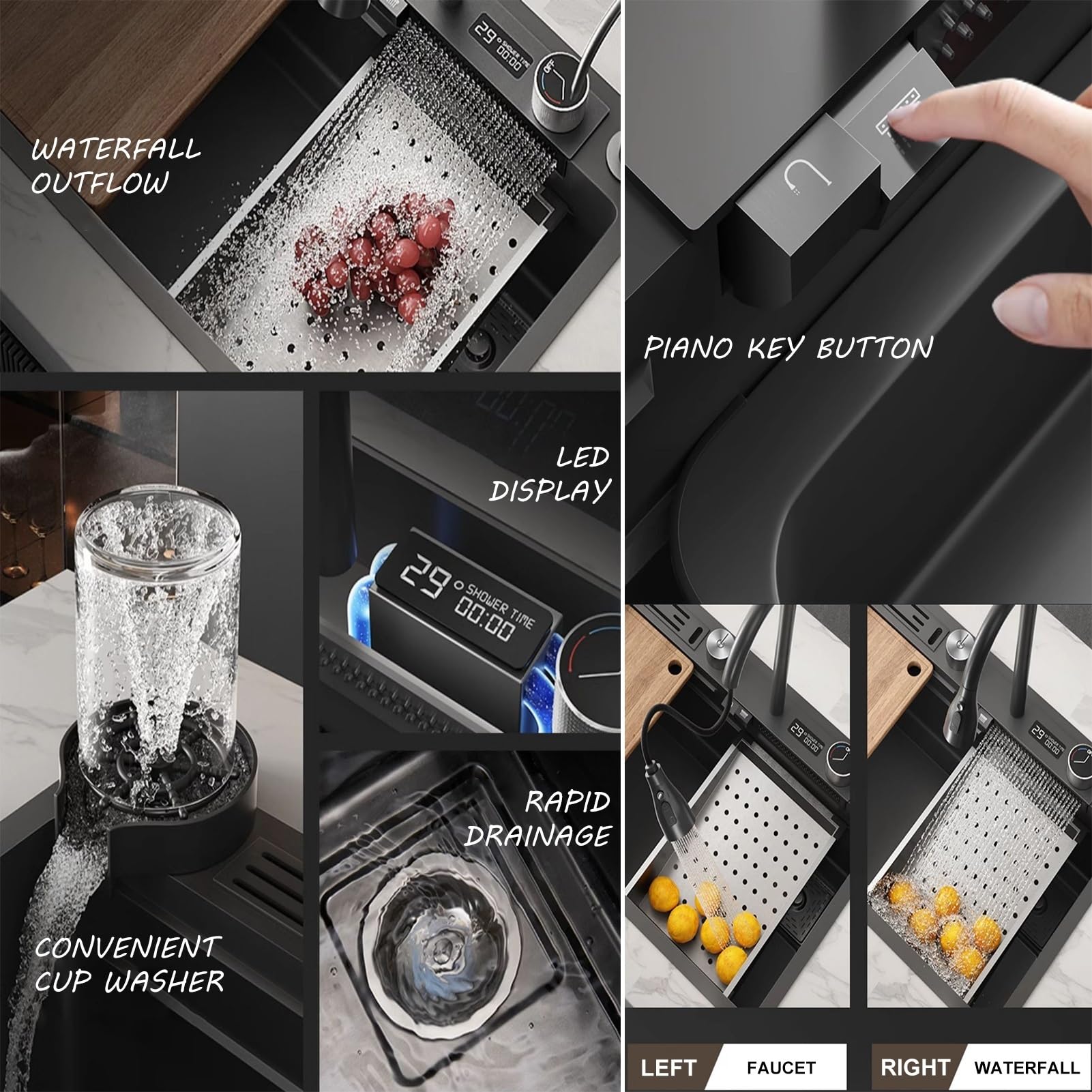Nano Waterfall Sink Zlewozmywak kuchenny ze stali nierdzewnej 304, domowy, do warzyw, pojedynczy, zlew barowy, z wyciąganym kranem, myjka do kubków, kolor: A; wymiary: 75 x 46 cm