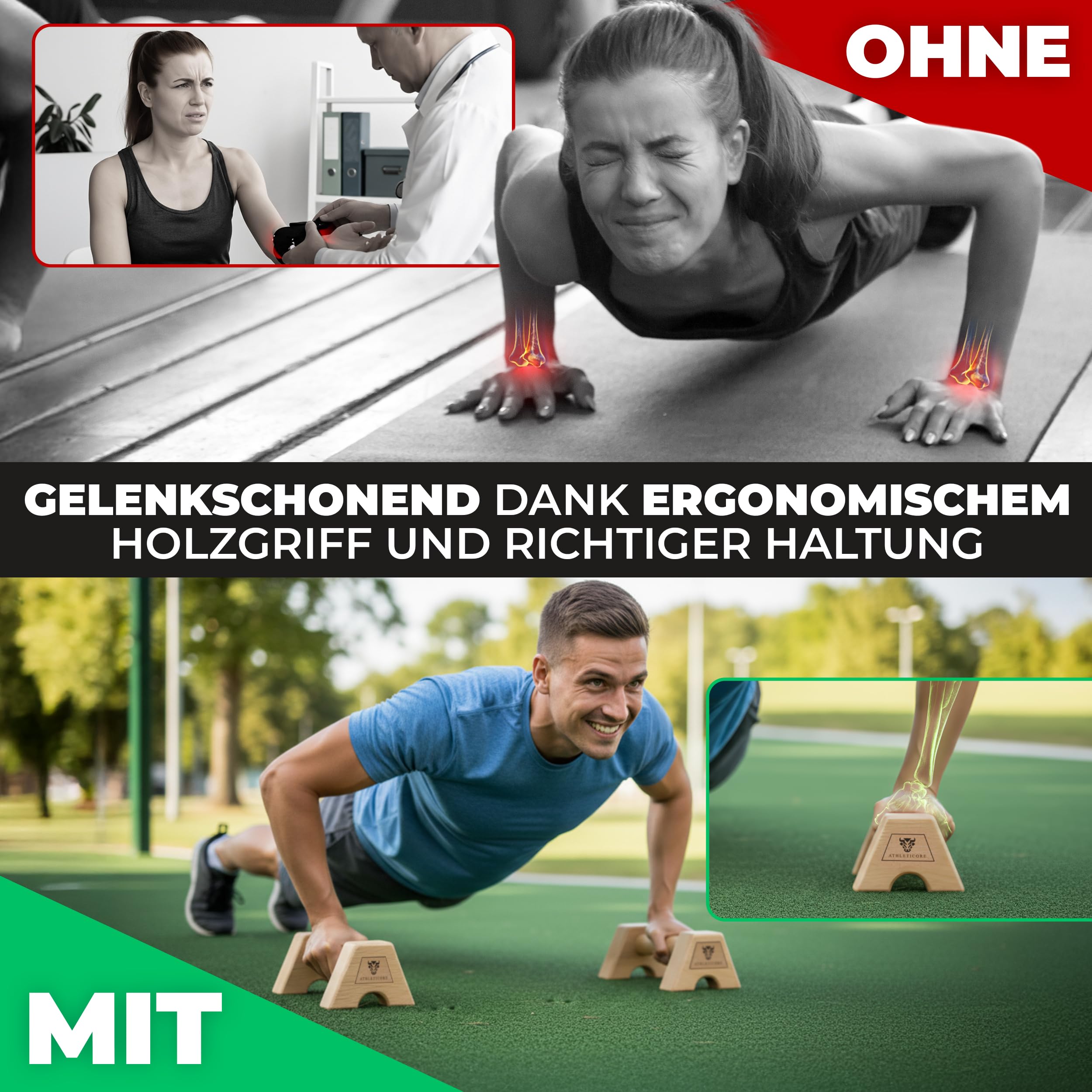 Liegestützgriffe Set (2x) aus Buchenholz - ohne Wackeln - gelenkschonend & rutschfest – Parallettes für Indoor & Outdoor – Optimal für Handstand & Liegestütze - Fitnessgeräte für Zuhause