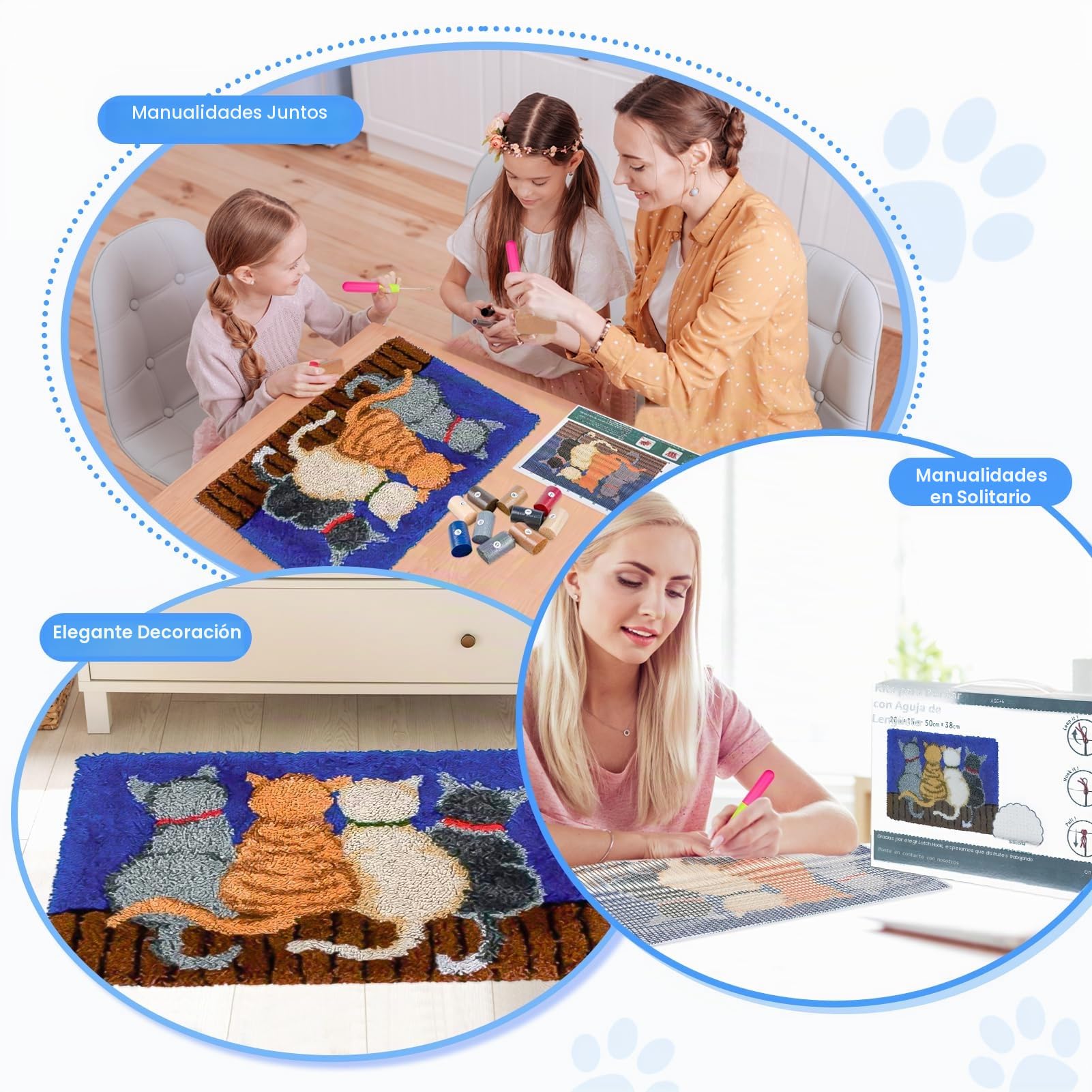 EsLuker.ly Kit de alfombras con gancho de pestillo, alfombra de ganchillo con patrones de gatos, alfombra de hilo de lona preimpresa, manualidades para adultos, niños y principiantes
