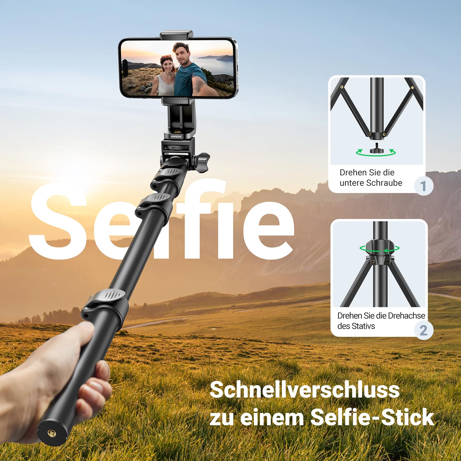 UGREEN Handy Stativ 170cm Stabil und Tragbar Handy Ständer mit Bluetooth Fernbedienung, Smartphone Stative kompatibel mit iPhone 17 16 15 14 Pro Max,14 Pro,14, Galaxy S23 Ultra, S23+, Huawei, GoPro
