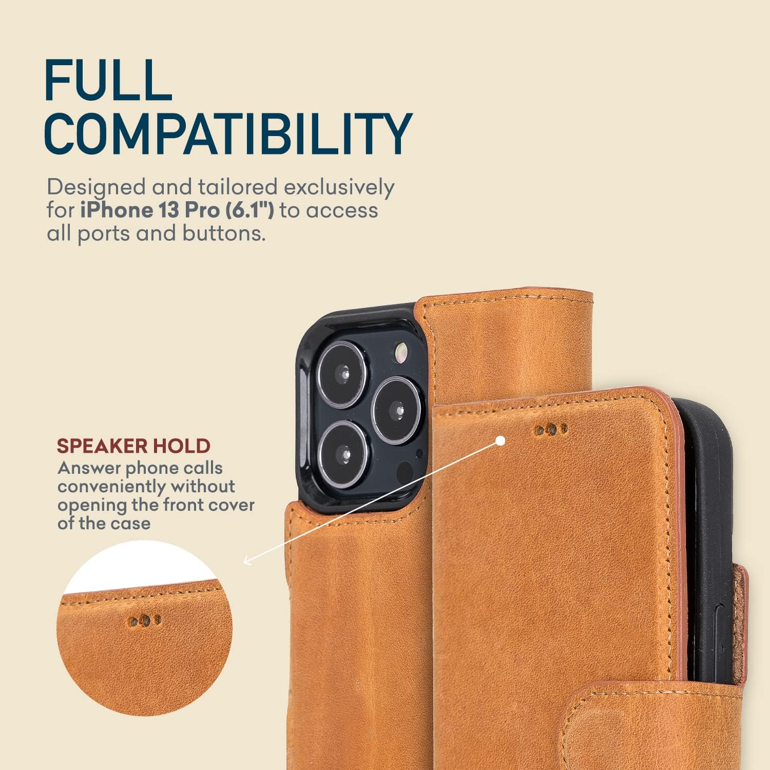 Bayelon Full Grain Leather Wallet Case Compatible with iPhone 13 Pro Case, Detachable Magnetic Phone Wallet, Flip Cover with Card Slots, Kickstand (Antique Camel)