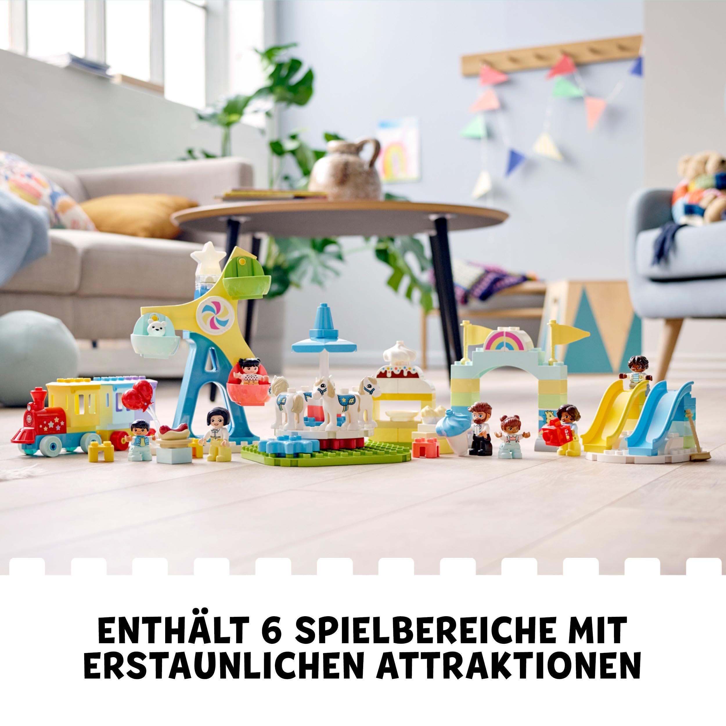 LEGO 10956 DUPLO Erlebnispark, Kinderspielzeug ab 2 Jahre mit Jahrmarkt und Zug für Mädchen und Jungen, Steine zum Bauen und Minifiguren