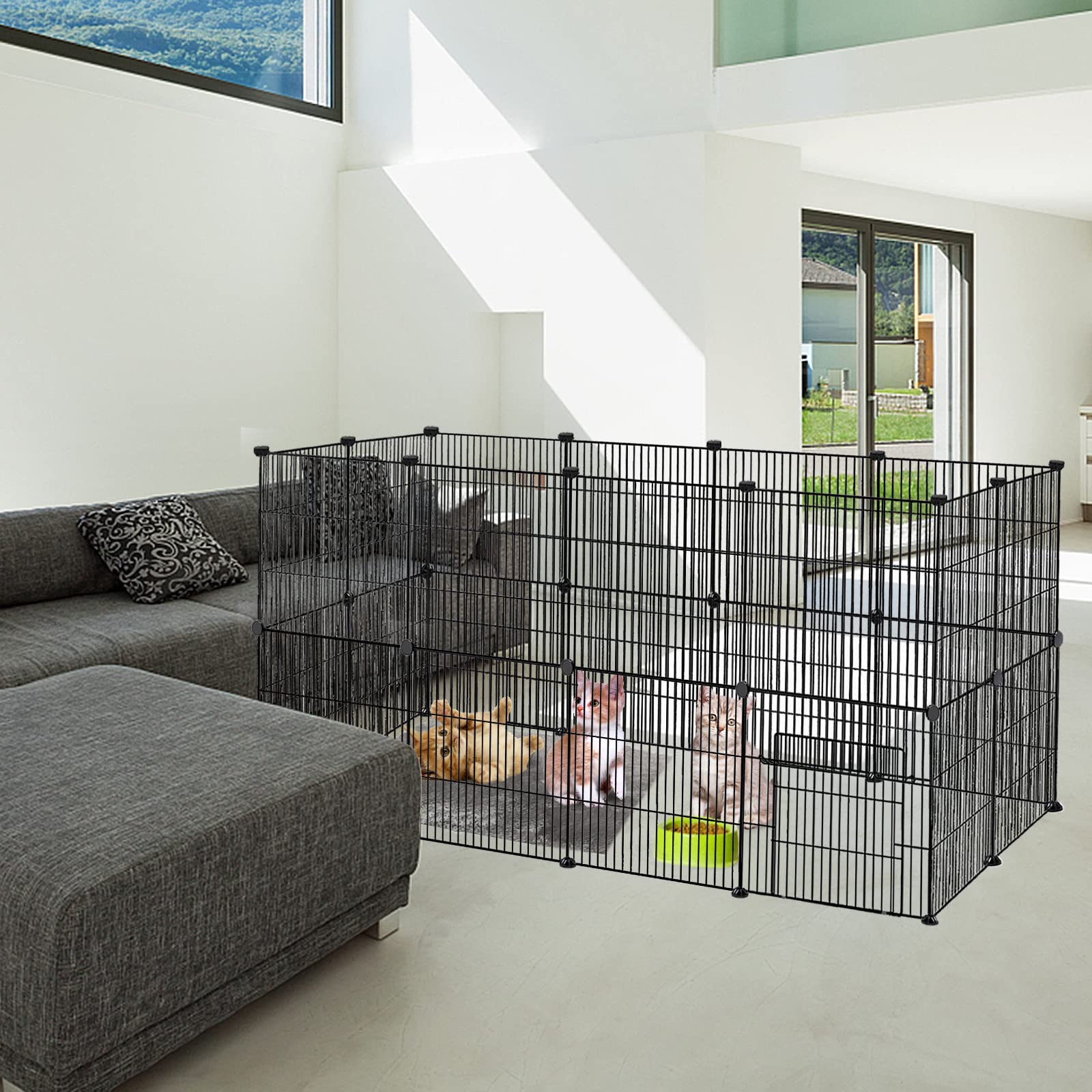 Froadp Recinzione per Animali Domestici Conigli da Esterno 142x72x72cm in Metallo 24 Pezzi Recinto a Griglia con Porta per Cavie, Animali da Compagnia, Gabbia per Cuccioli, Hamster (Nero)