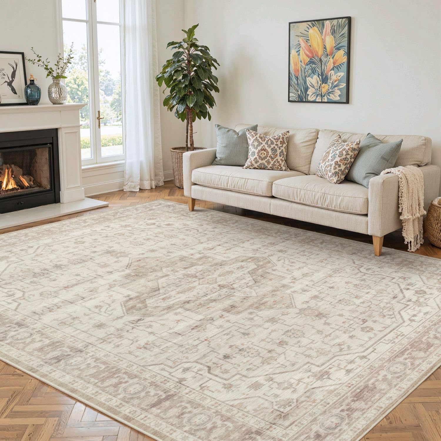 Photo 1 of Rugxara 6x9 Washable Area Rug for Living Room, Vintage Neutral Large Boho Rugs for Office, Dining Room, Kids Room, Farmhouse, Durable Low Pile Non Slip Carpet for High Traffic Areas, Cream