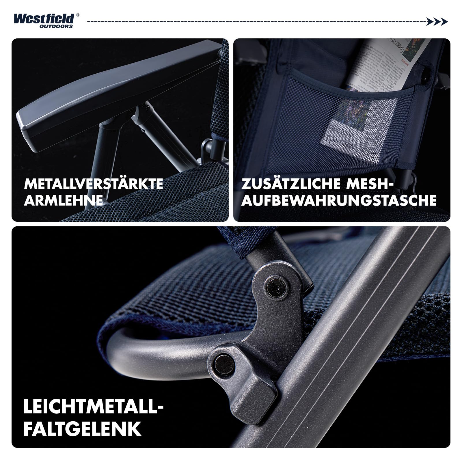 Westfield Outdoors Advancer Ergofit Campingstuhl Faltbar, 5-Fach Verstellbar, Klappstuhl Hohe Rückenlehne, Atmungsaktiver, Kopfteil, für Garten, Wohnwagen, Camping, 160 kg Belastbar, Nachtblau