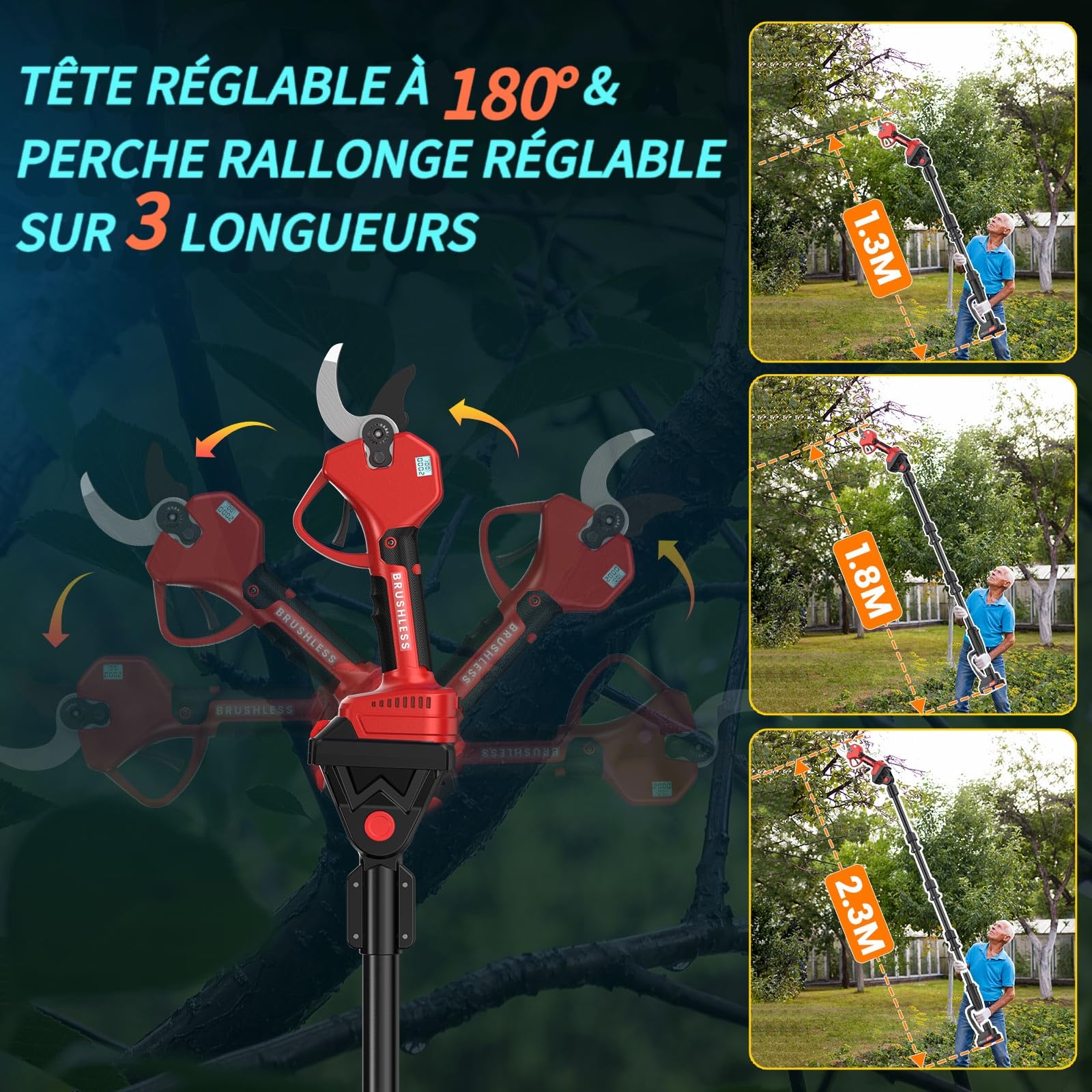 Sécateur Électrique Sans Fil avec Écran et Boîte de rangement, 50MM Secateur Electrique 2-en-1 Extensible Jusqu'à 2,3 m, Secateur Telescopique Electrique pour Jardinage, Ferme, Arbres fruitiers