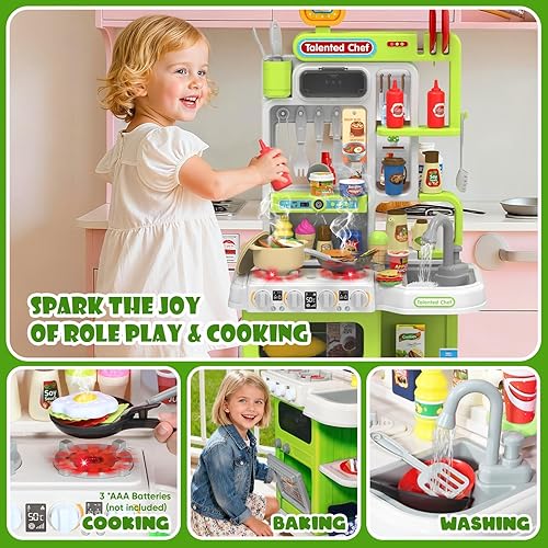 Miniatura 4 de Juego de cocina para niños, cocina de juego de 36.22 pulgadas para niños pequeños de 1 a 3 años con vapor, sonido y luz, estufa de cocina,