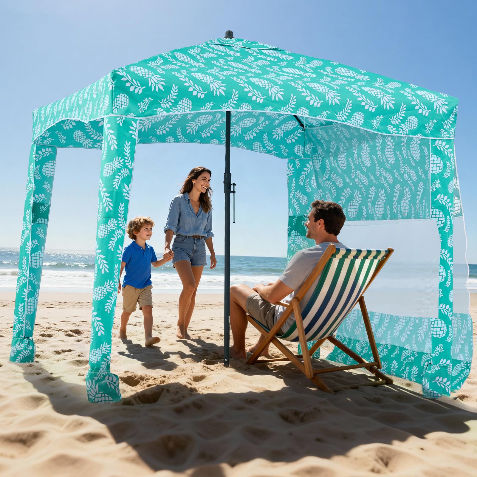 VEVOR Cabaña de Playa con Toldo Lateral, Ligero y Portátil, Protección Solar UPF 50+, Sacos de Arena y Sombrilla Portátil para Toda la Familia y Amigos, Rayas Verde Claro, 1830 x 1830 x 2290 mm