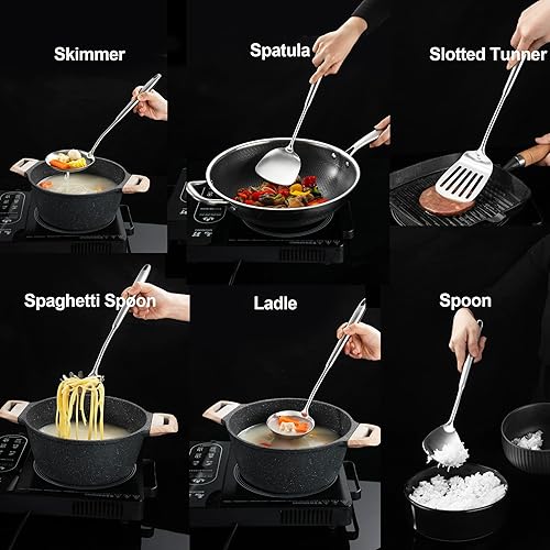 Miniatura 3 de Utensilios de cocina de acero inoxidable, juego de utensilios de cocina de metal de 9 piezas de 14 pulgadas con cuchara sólida, cuchara ranurada,
