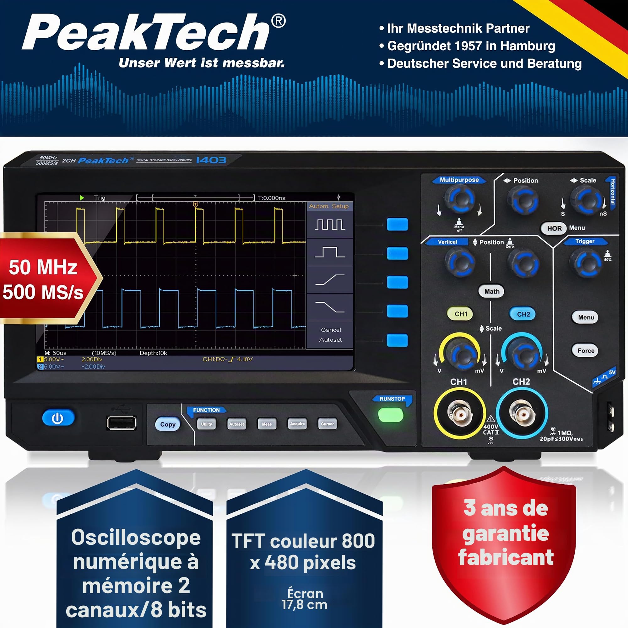 PeakTech 1403 - Oscilloscope numérique 2 canaux [garantie de 3 ans] 50 MHz, 500MS/s, interface USB, logiciel PC, P 1403 Oscilloscope, noir, oscilloscope USB, oscilloscope multimètre