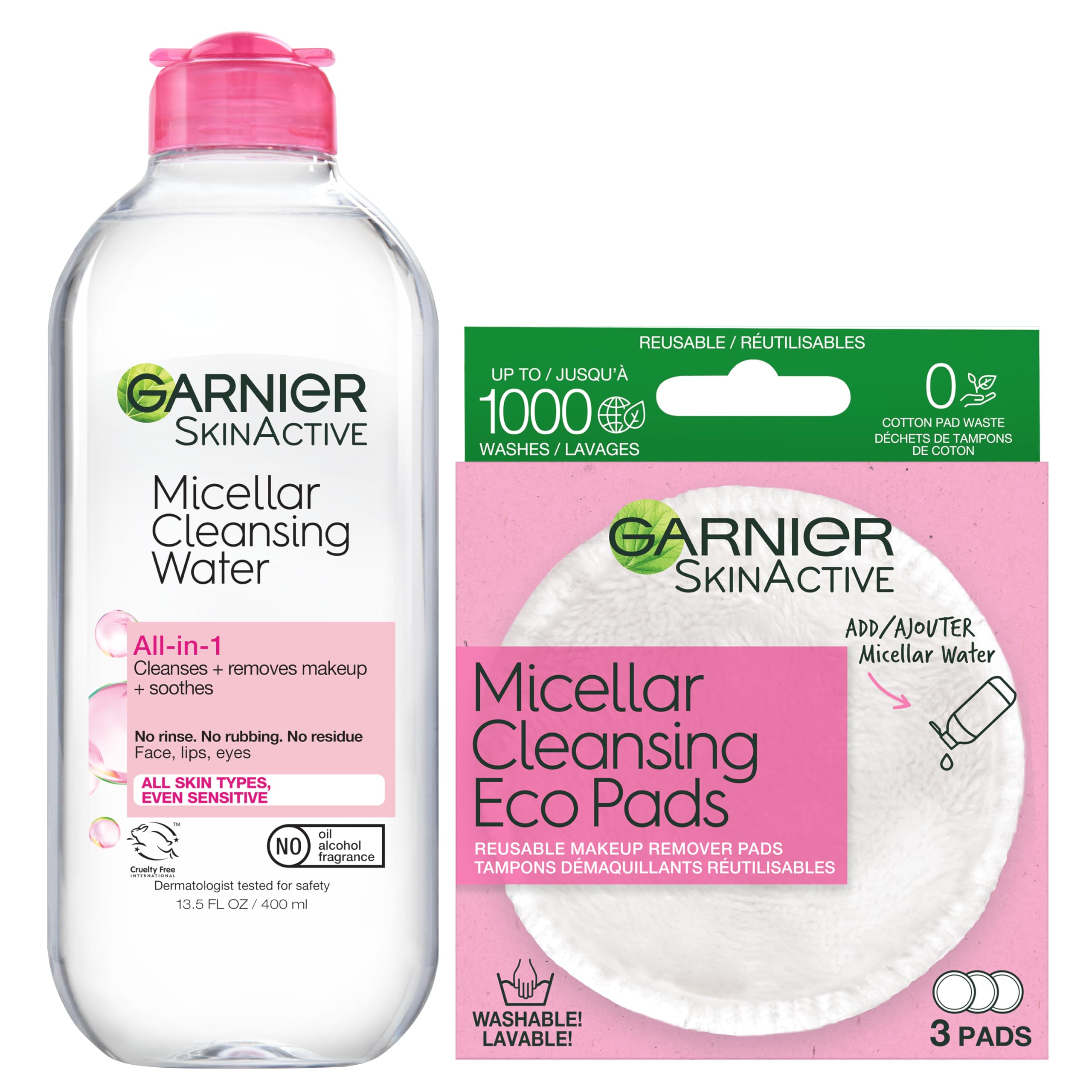 Micellar Water and Eco Pad Starter Kit, All-In-1 Facial Cleanser & Makeup Remover and 3 Piece Reusable Makeup Remover Pads Set