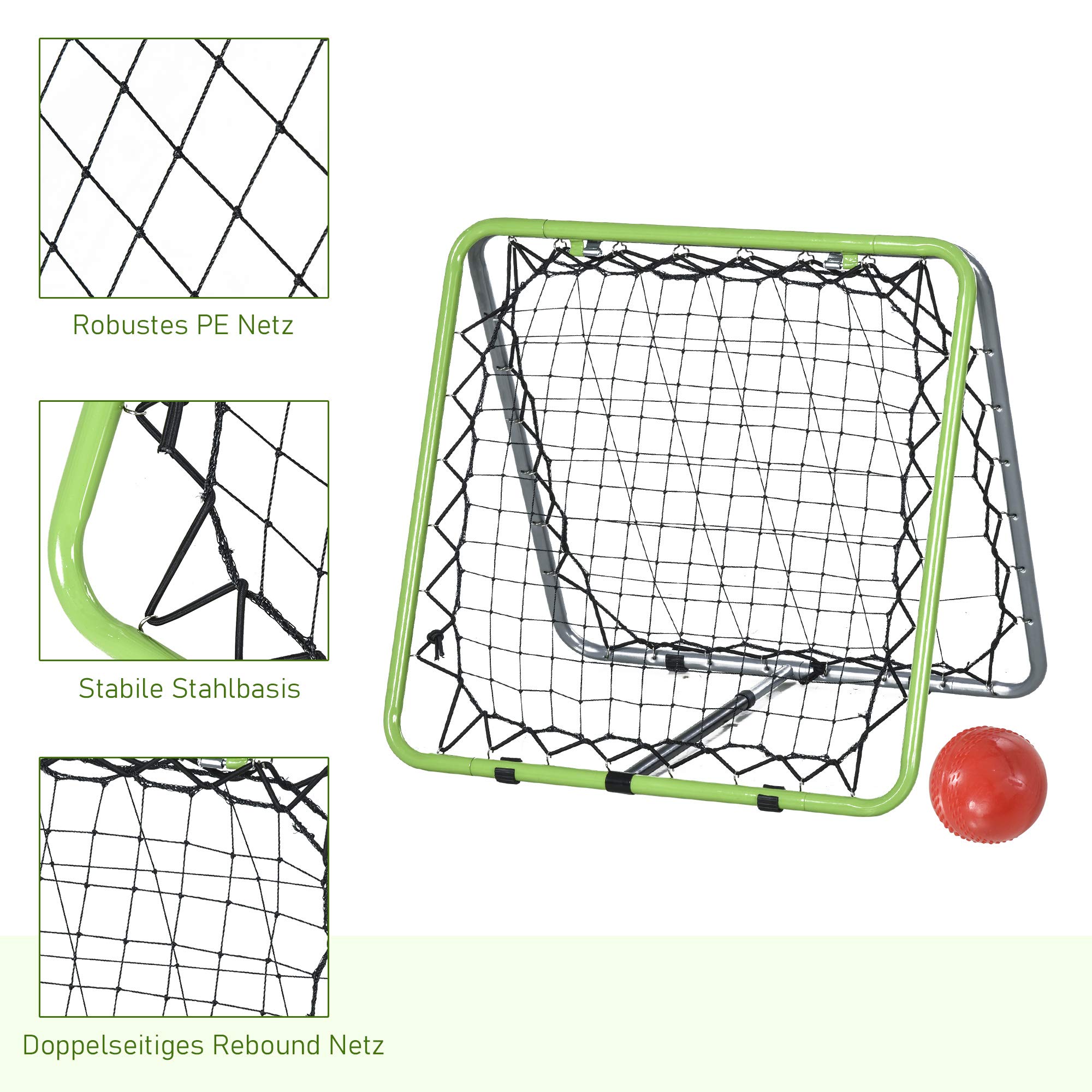 HOMCOM Football Rebounder Kickback Goal Filet de Rebond pour Baseball Basketball Rebond bilatéral Réglable en 5 étapes Métal Vert+Noir 75 x 75 x 64 cm