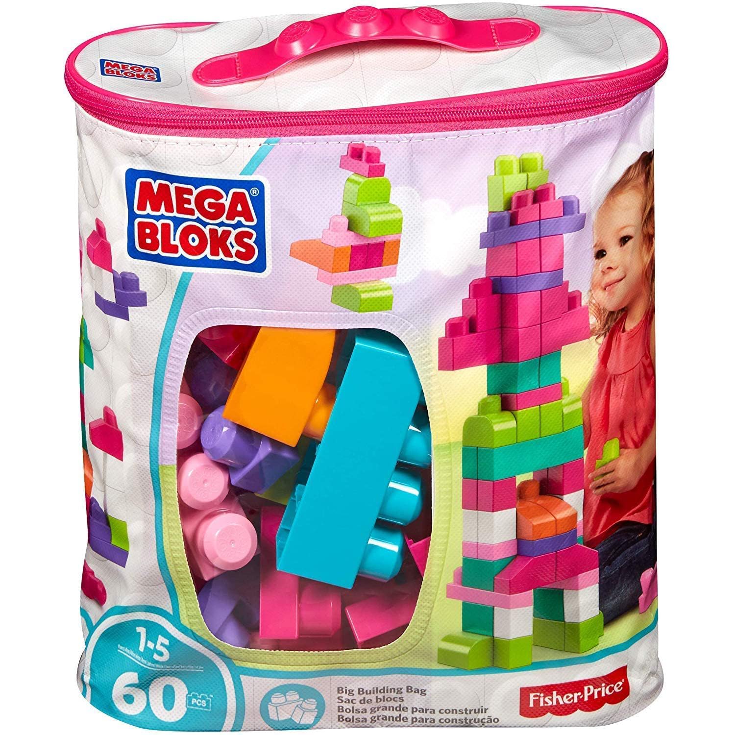 MEGA BLOKS Big Building Bag building set with 60 big and colorful building blocks, and 1 storage bag, toy gift set for ages 1 and up, DCH54