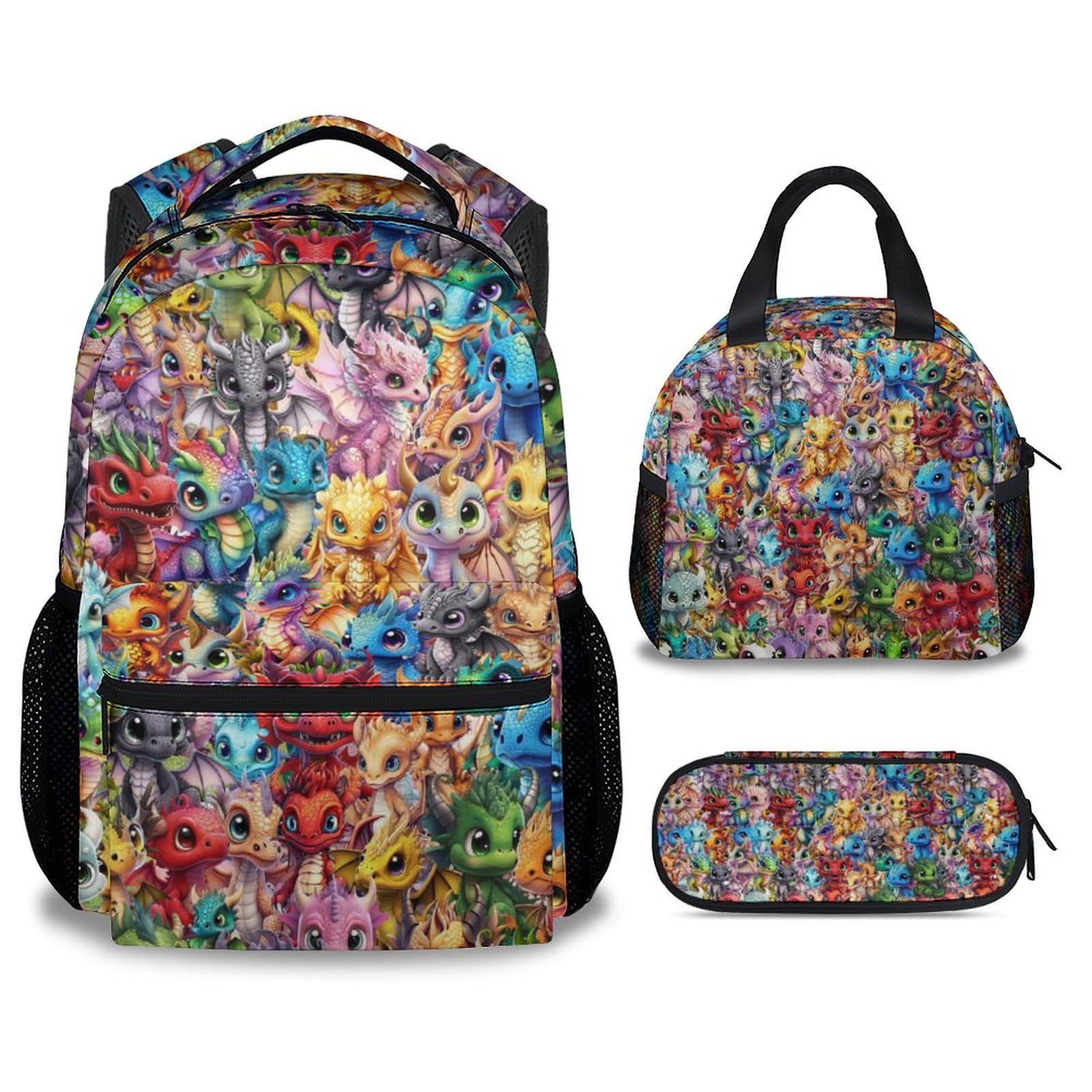 NICEFORNICE Dragon Kids Backpack with Lunch Box, Set of 3 School Backpacks Matching Combo, Cute Colorful Bookbag and Pencil Case Bundle