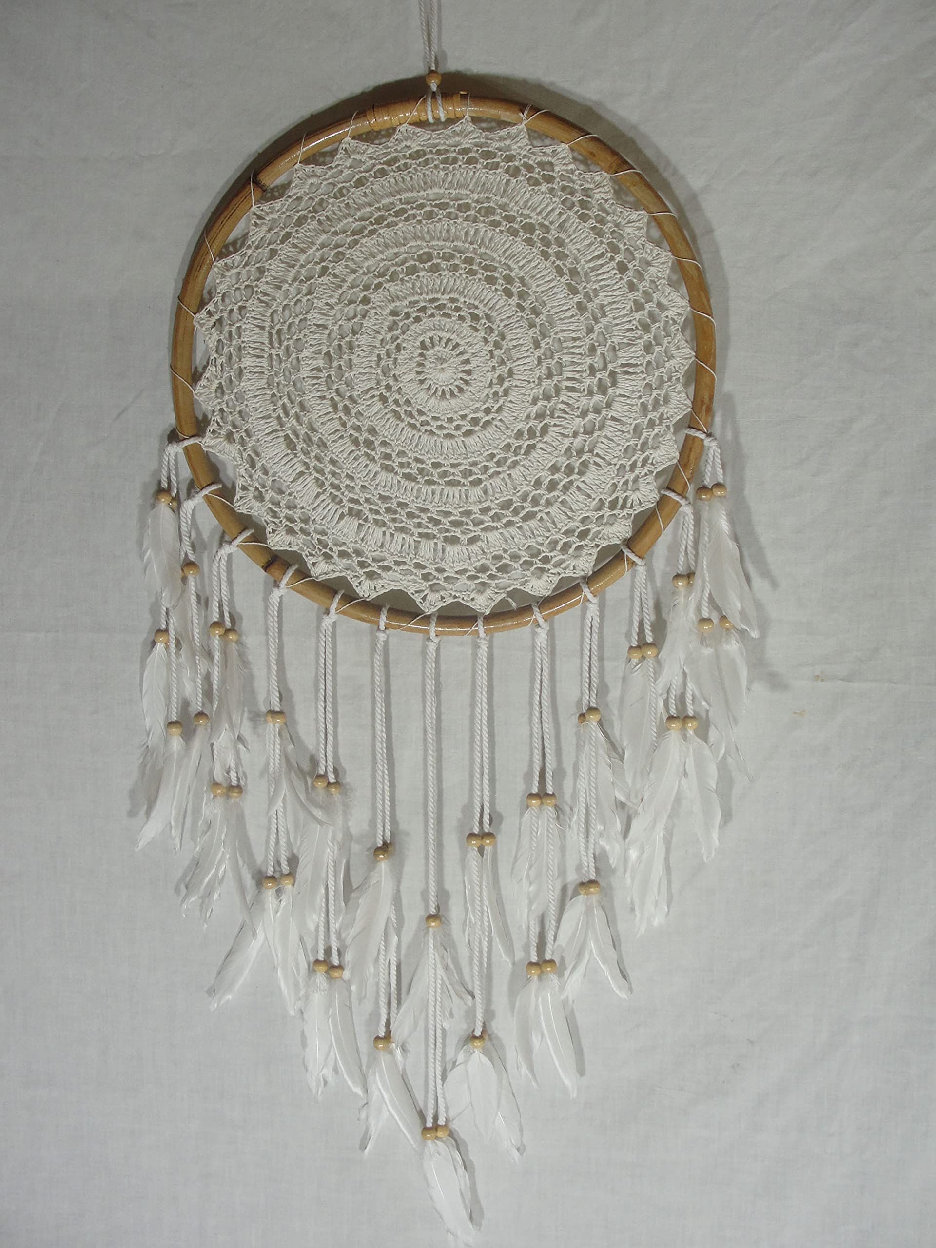Großer Traumfänger Dreamcatcher gehäkelt weiss Ø ca 40 cm mit Bambusrahmen Wanddeko Raumschmuck Raumdeko Dekoaccessoire Mobilee-Aufhänger